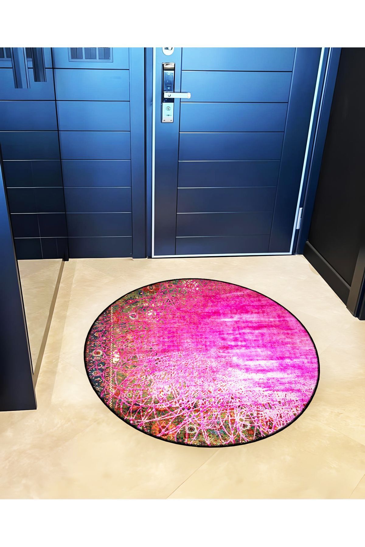 Mira Yuvarlak Antik Zeminde Pembe Çizgiler Detaylı Dokuma Taban Modern Dekoratif Halı 5698