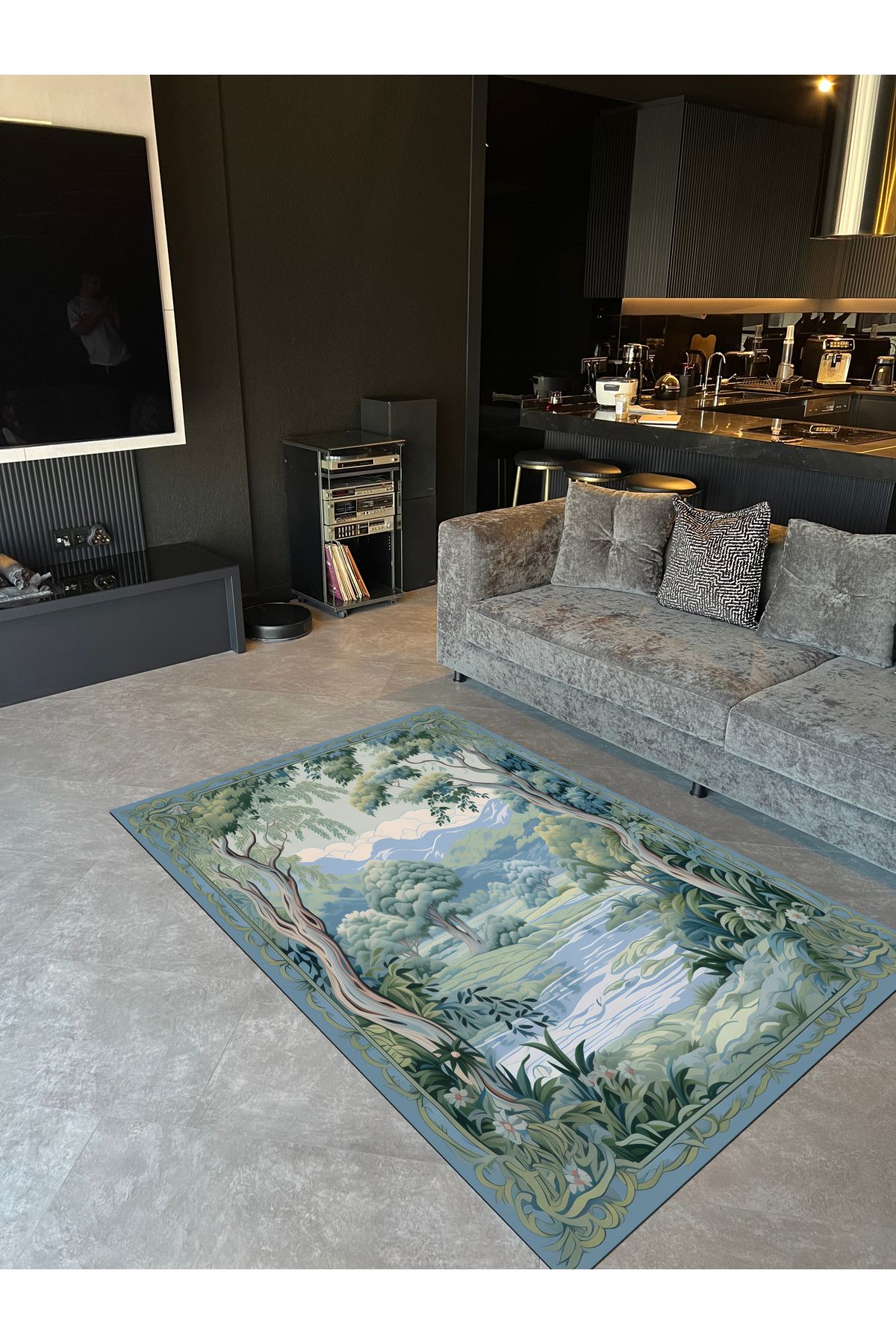 Paris Koleksiyonu Mavi Tonlarda Doğa Desenli Modern Dekoratif Halı paris11