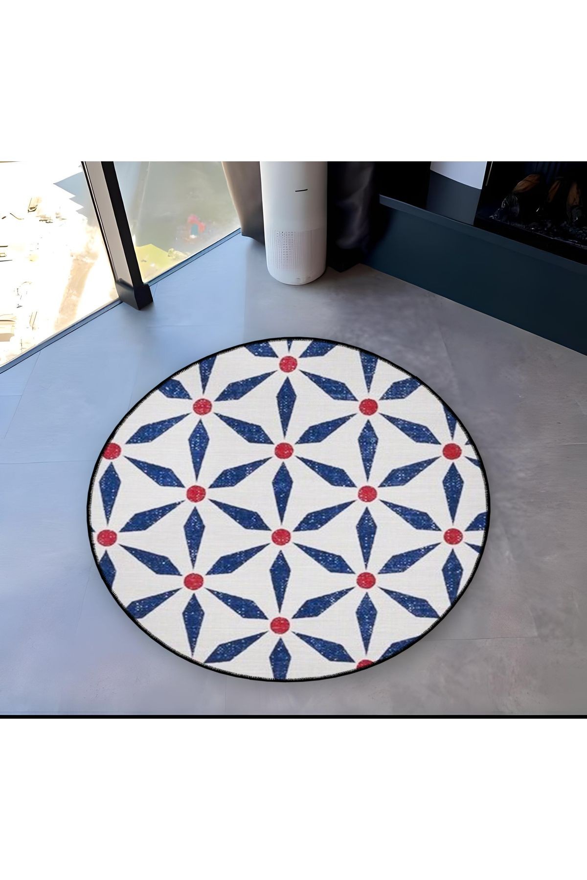 Beyaz Mavi Tema Geometrik Desenli Yuvarlak Dokuma Taban Modern Dekoratif Halı 6096