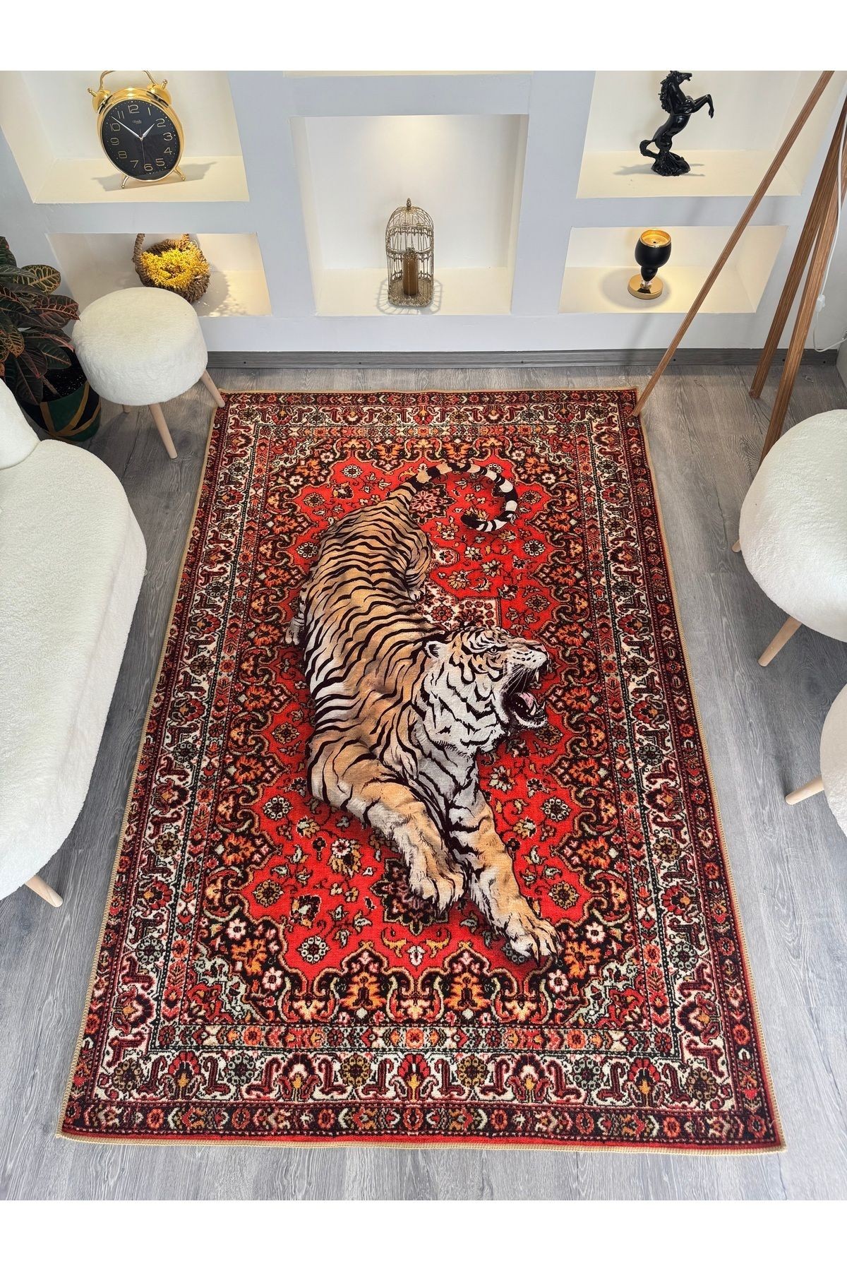 Nilla Koleksiyonu Kırmızı Vintage Desenli Kaplan Detaylı Dokuma Taban Dekoratif Halı nilla08