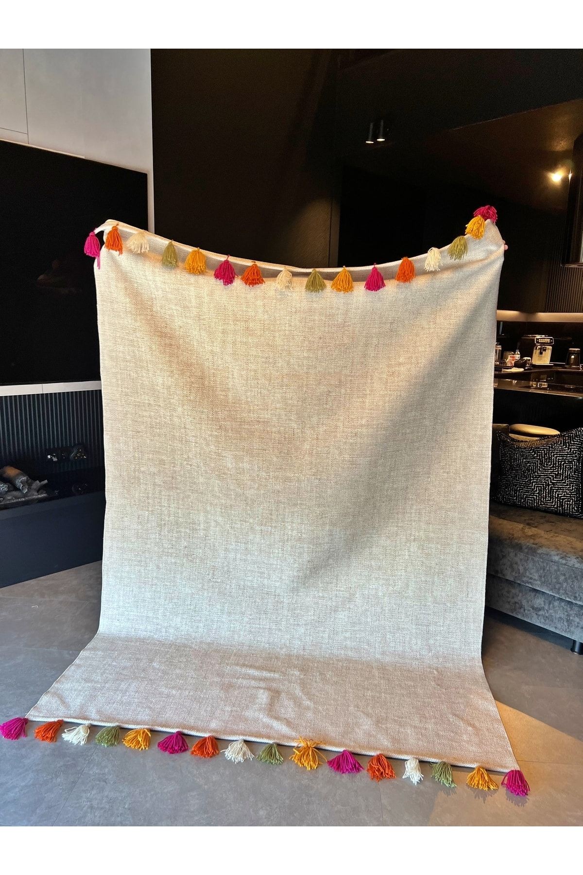 Moroccan 9003 Bej Renkli Püsküllü Bohomian Ve Modern Kilim