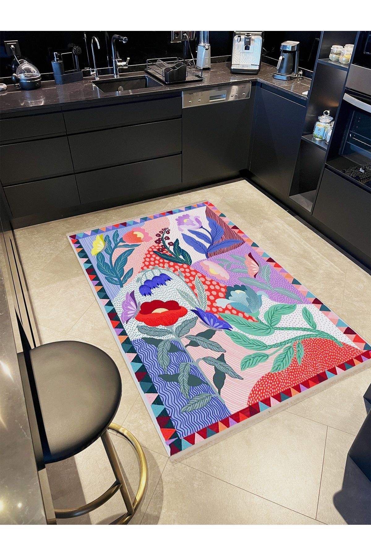 Özge Koleksiyonu Pembe Lila Geometrik ve Çiçek Desenli Dokuma Taban Modern Dekoratif Halı özge32