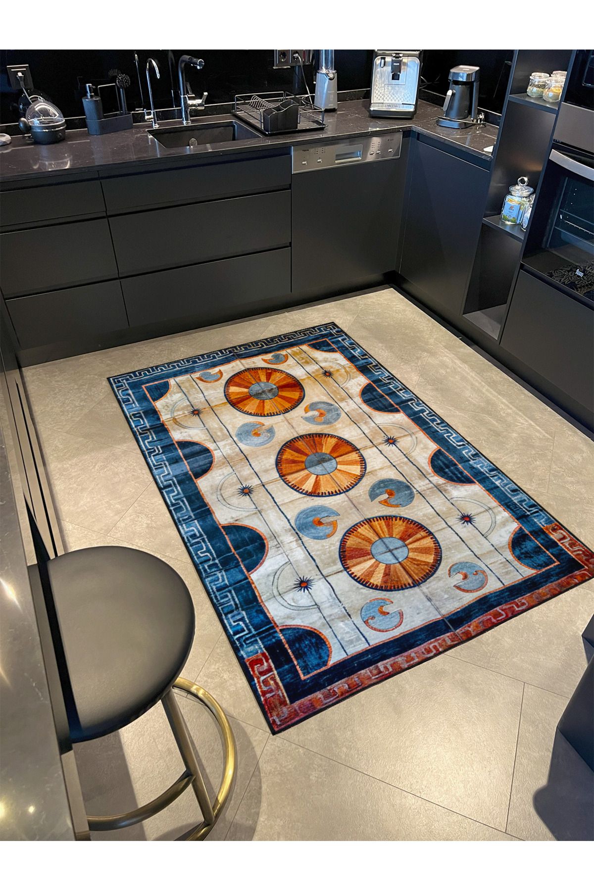 Paris Koleksiyonu Bej Mavi Temalı Geometrik Şekiller Desenli Vintage Dekoratif Halı 103