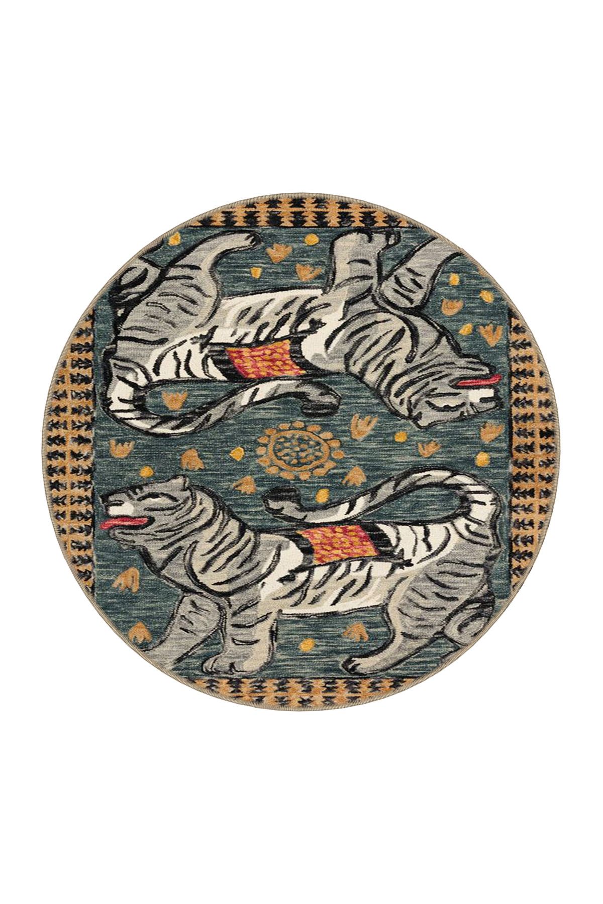 Gri Bej Temalı Kaplan Kaplan Desenli Kreatif Modern Dekoratif Halı 3591