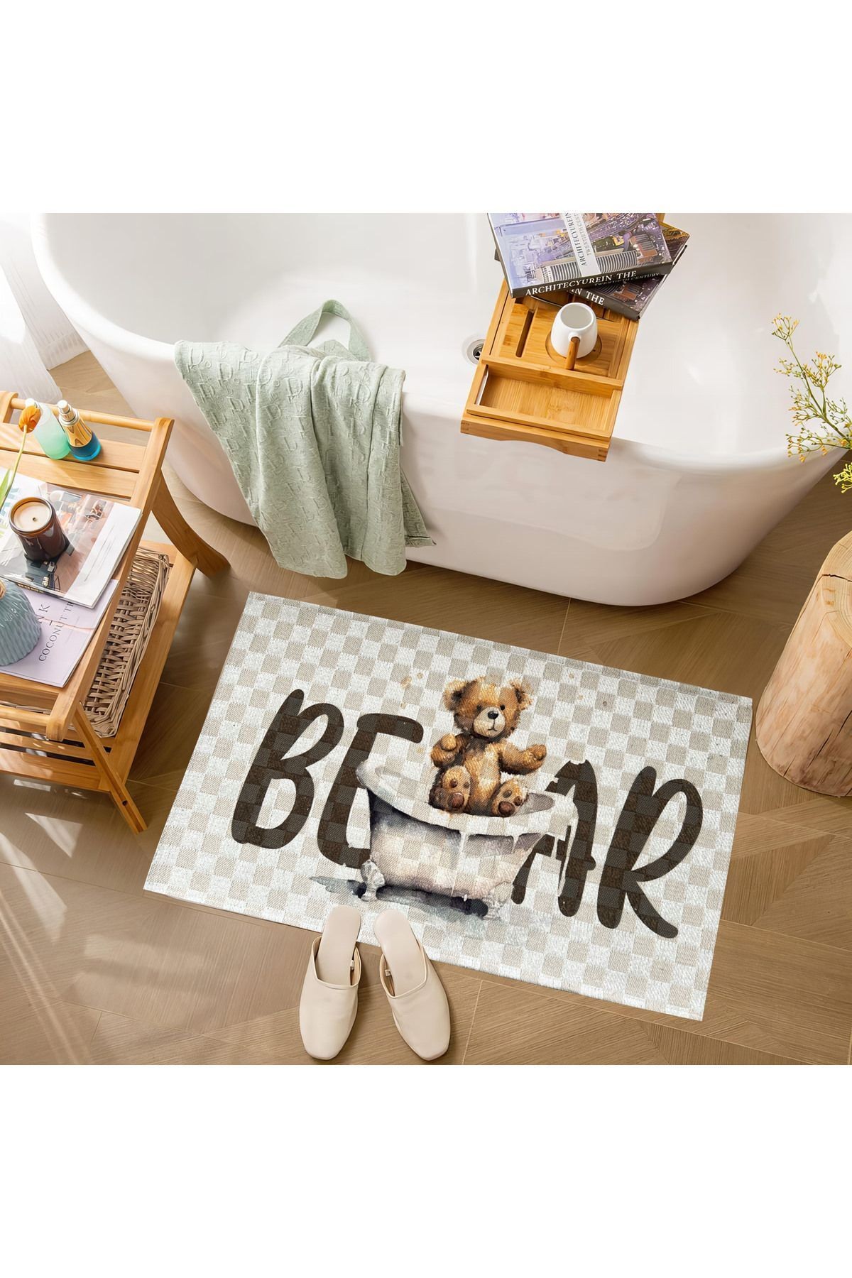 Sevimli Ayı Yazılı ve Baskılı Dokuma Taban Banyo Paspası 90×57