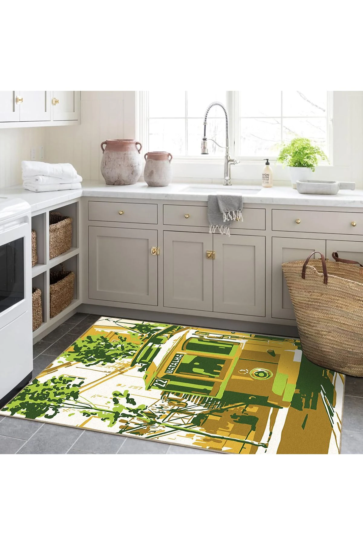 Buse Koleksiyonu Yeşil Turuncu Tren Desenli Dokuma Taban Modern Dekoratif Halı buse20