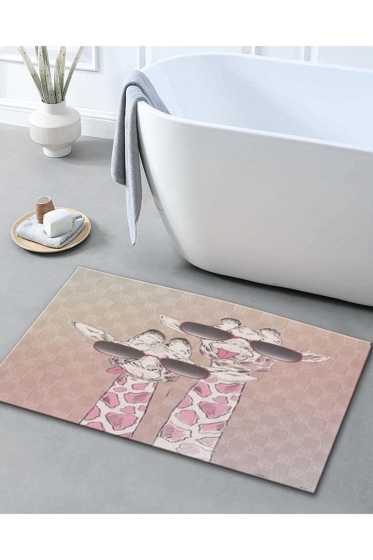 Bej Pudra Temalı Soyut Zürafa Desenli Modern Dekoratif Banyo Paspası 90×60
