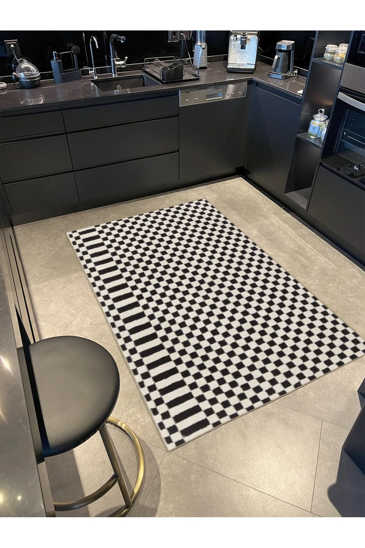 Siyah Beyaz Kareli Geometrik Dokuma Taban Yıkanabilir Halı Miravip9052