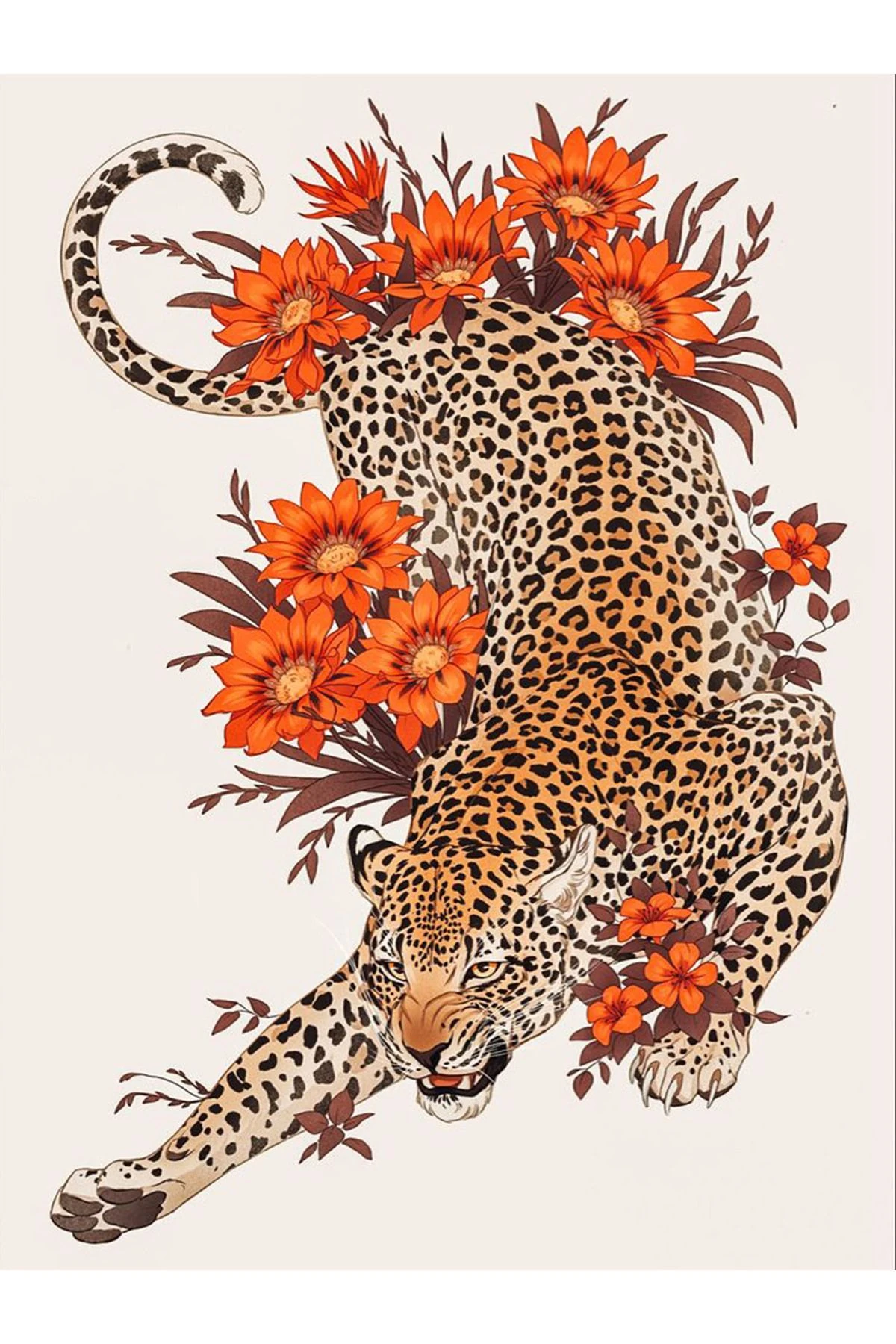 İnci Koleksiyonu Turuncu Tema Leopar ve Çiçek Desenli Dokuma Taban Modern Dekoratif Halı inci13