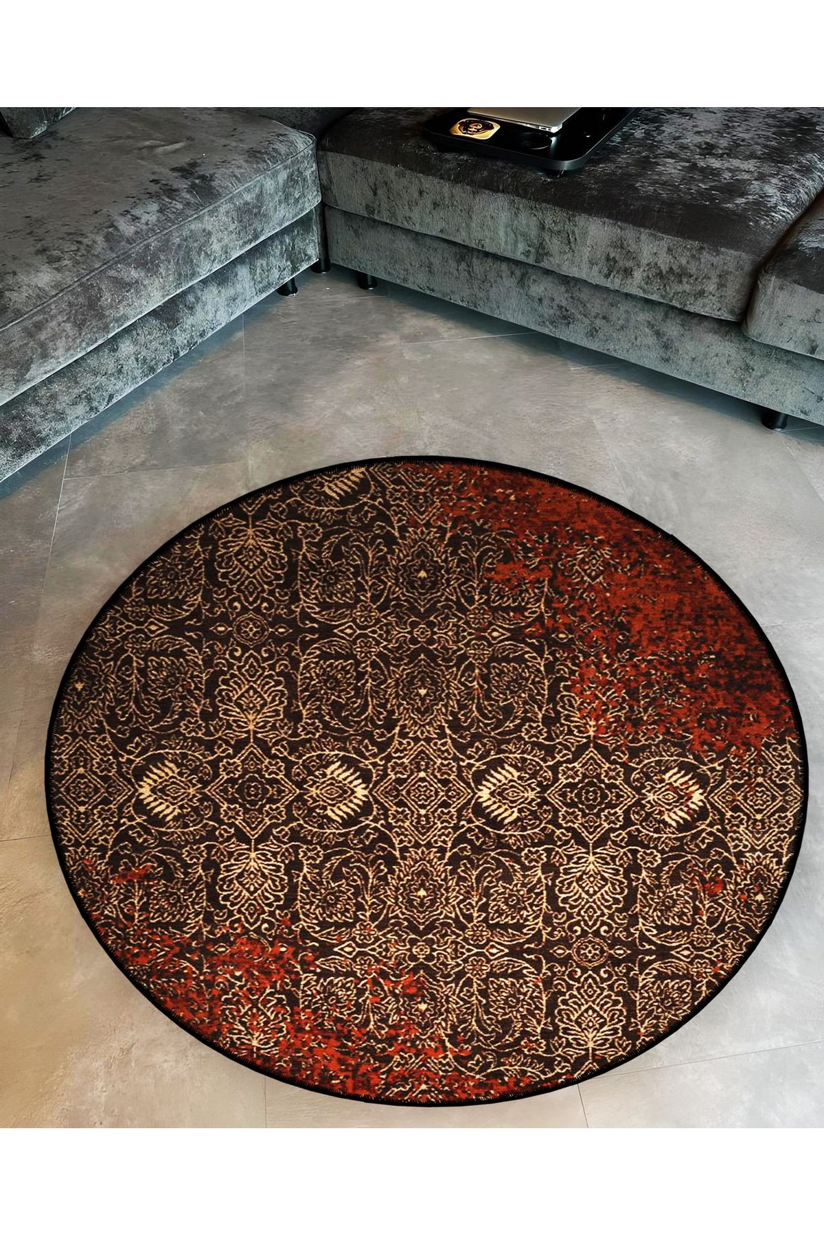 Mira Yuvarlak Kahve Tonlarda Antik Desen Detaylı Dokuma Taban Modern Dekoratif Halı 5707