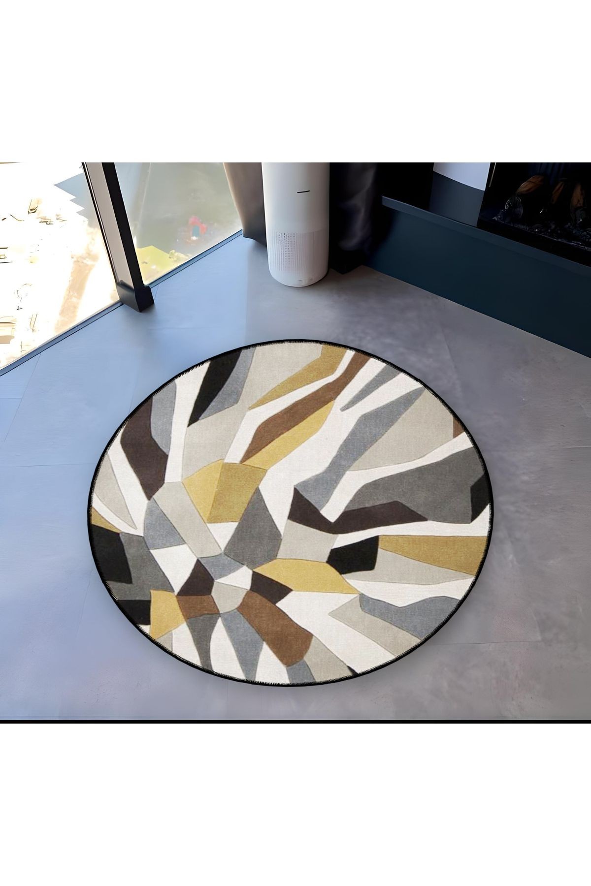 Gri Tema Soyut Abstract Desenli Yuvarlak Dokuma Taban Modern Dekoratif Halı 6102