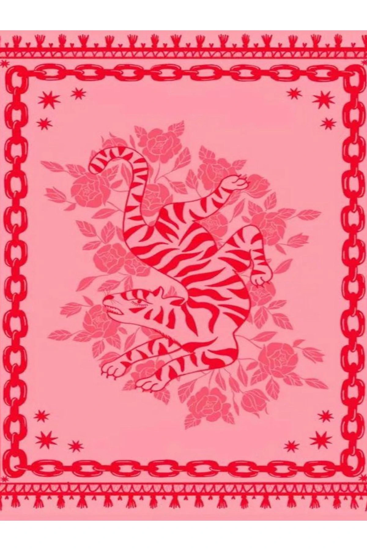 Yılmaz Koleksiyonu Pembe Kırmızı Zincir ve Çiçek Detaylı Kaplan Modern Dekoratif Halı yılmaz32