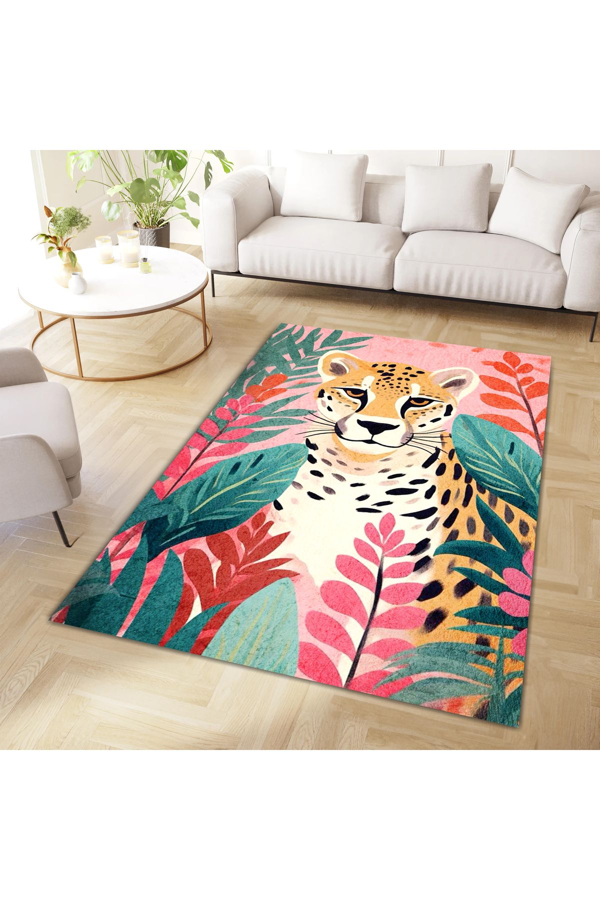 Kuzey Koleksiyonu Çok Renkli Yapraklar ve Leopar Desenli Dokuma Taban Modern Dekoratif Halı kuzey25