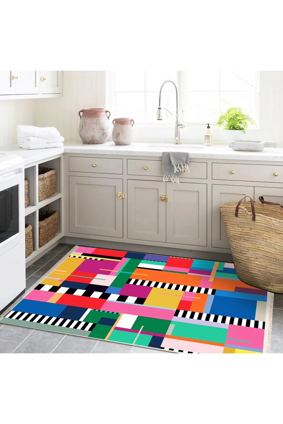 Özge Koleksiyonu Çok Renkli Şekiller Desenli Dokuma Taban Modern Dekoratif Halı özge30