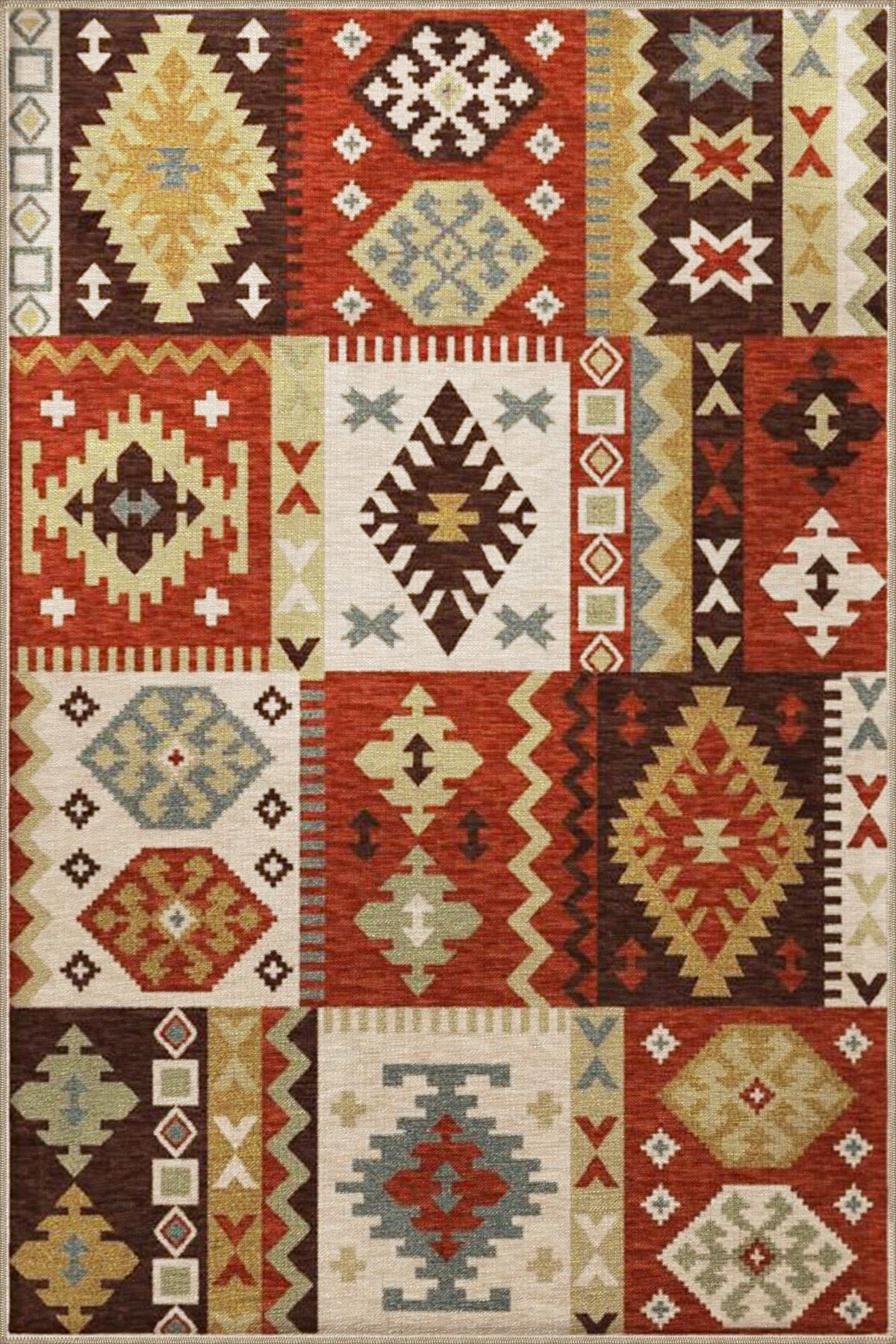 Baklavalı Kahverengi Geometrik Etnik Desenli Dokuma Taban Halı 4267