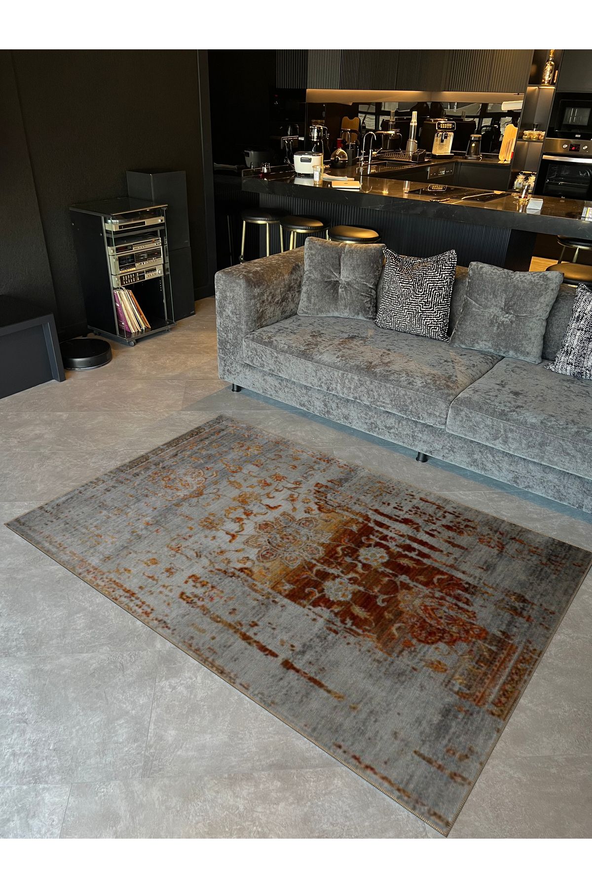 Gri Turuncu Temalı Soyut Geleneksel Motif Desenli Vintage Dekoratif Halı 5176