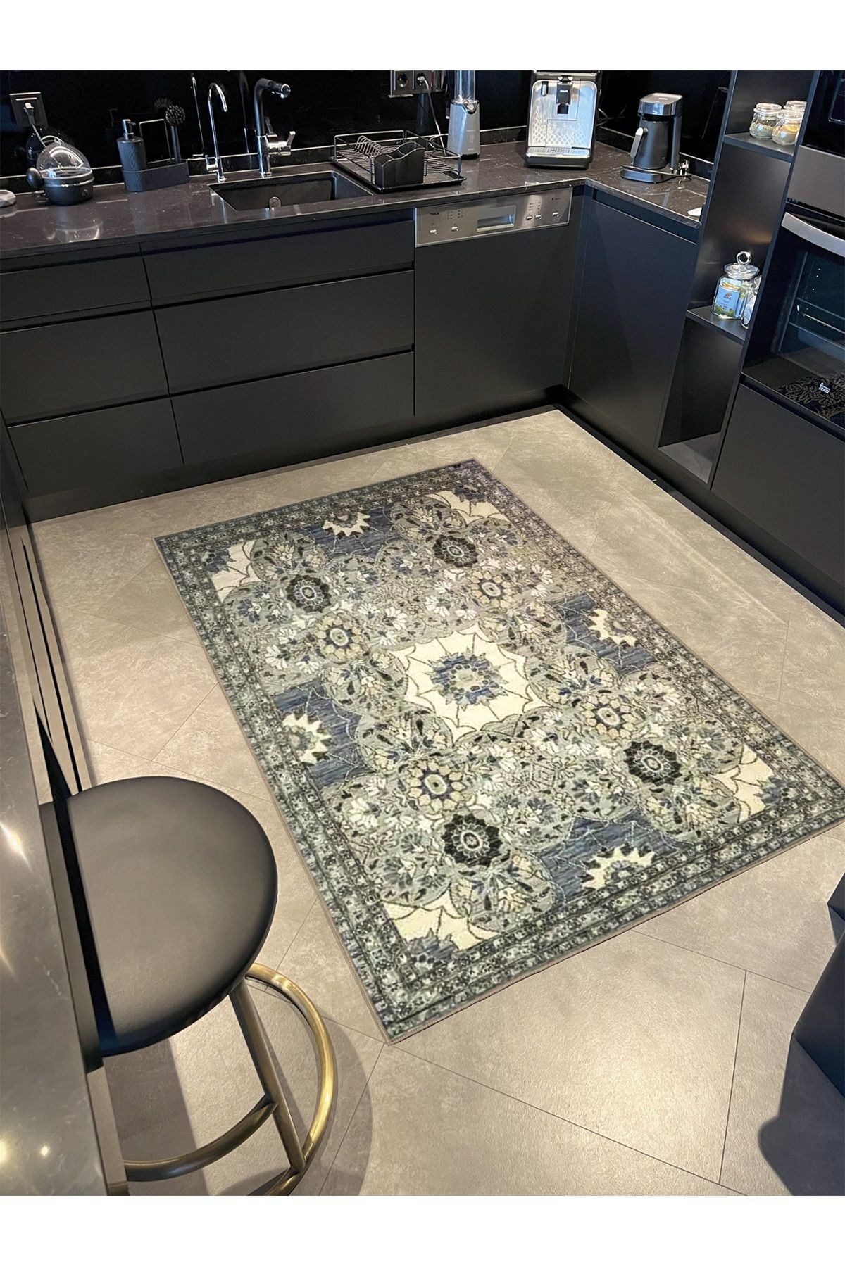 Gri Bej Temalı Geleneksel Motif Çiçek Desenli Vintage Dekoratif Halı 3515