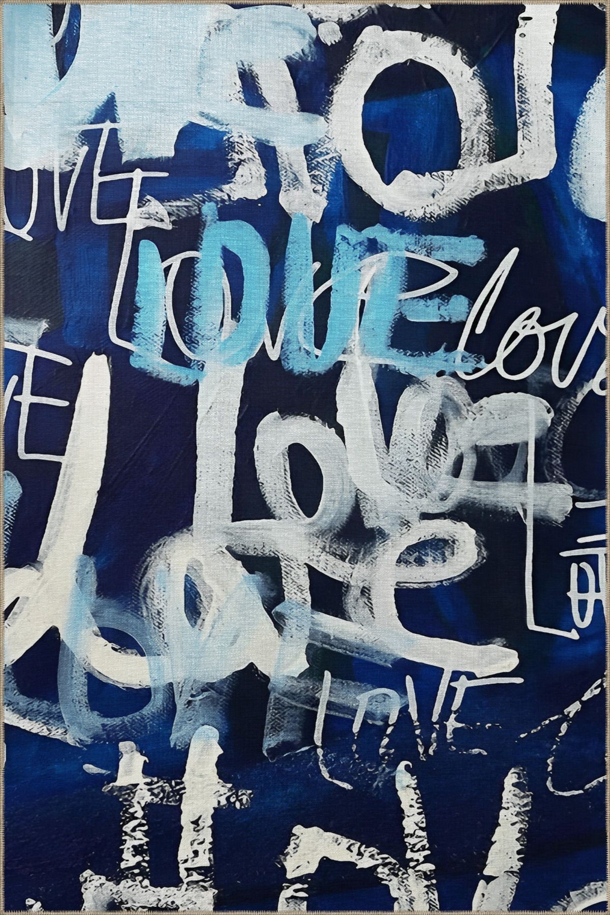 Lacivert Temalı Love Yazı Desenli Kreatif Modern Dekoratif Halı 2175