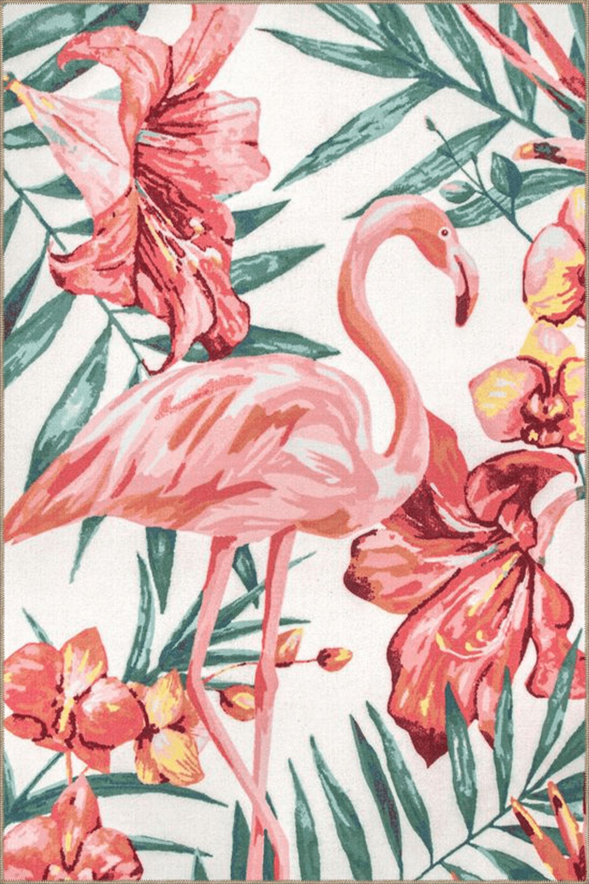 Pembe Yeşil Temalı Çiçek ve Flamingo Desenli Kreatif Modern Dekoratif Halı 3870