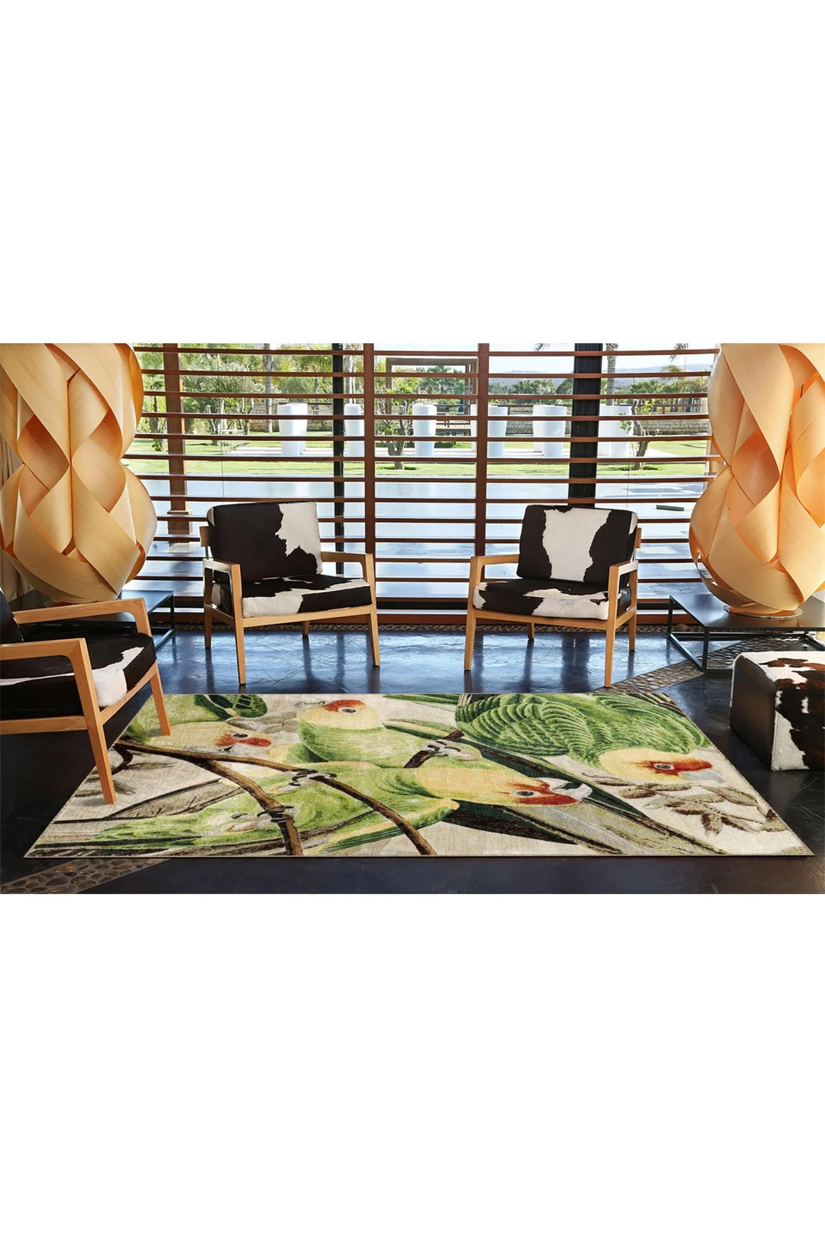 Yaprak ve Papağan Kuş Renkli Desenli Dokuma Taban miravip652