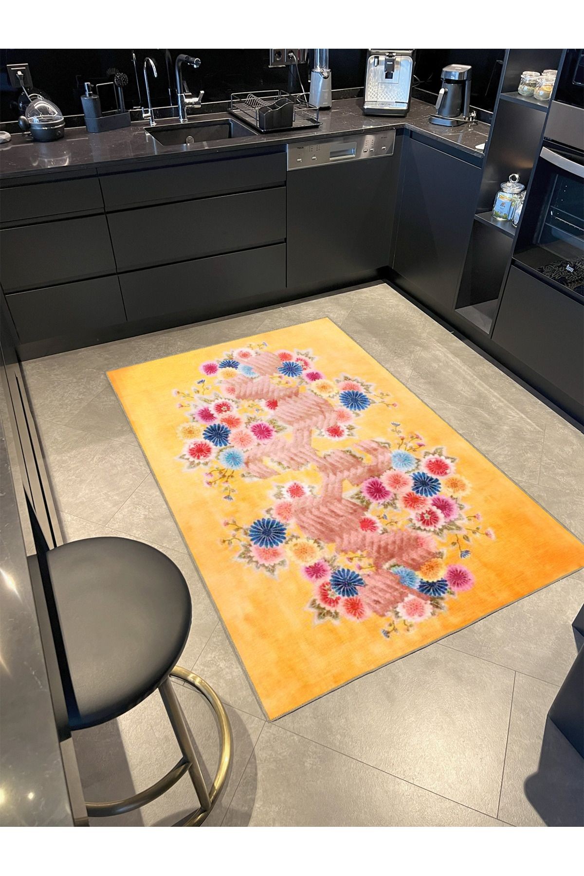 Sarı Temalı Çok Renkli Floral Çiçek Desenli Modern Dekoratif Halı 3493