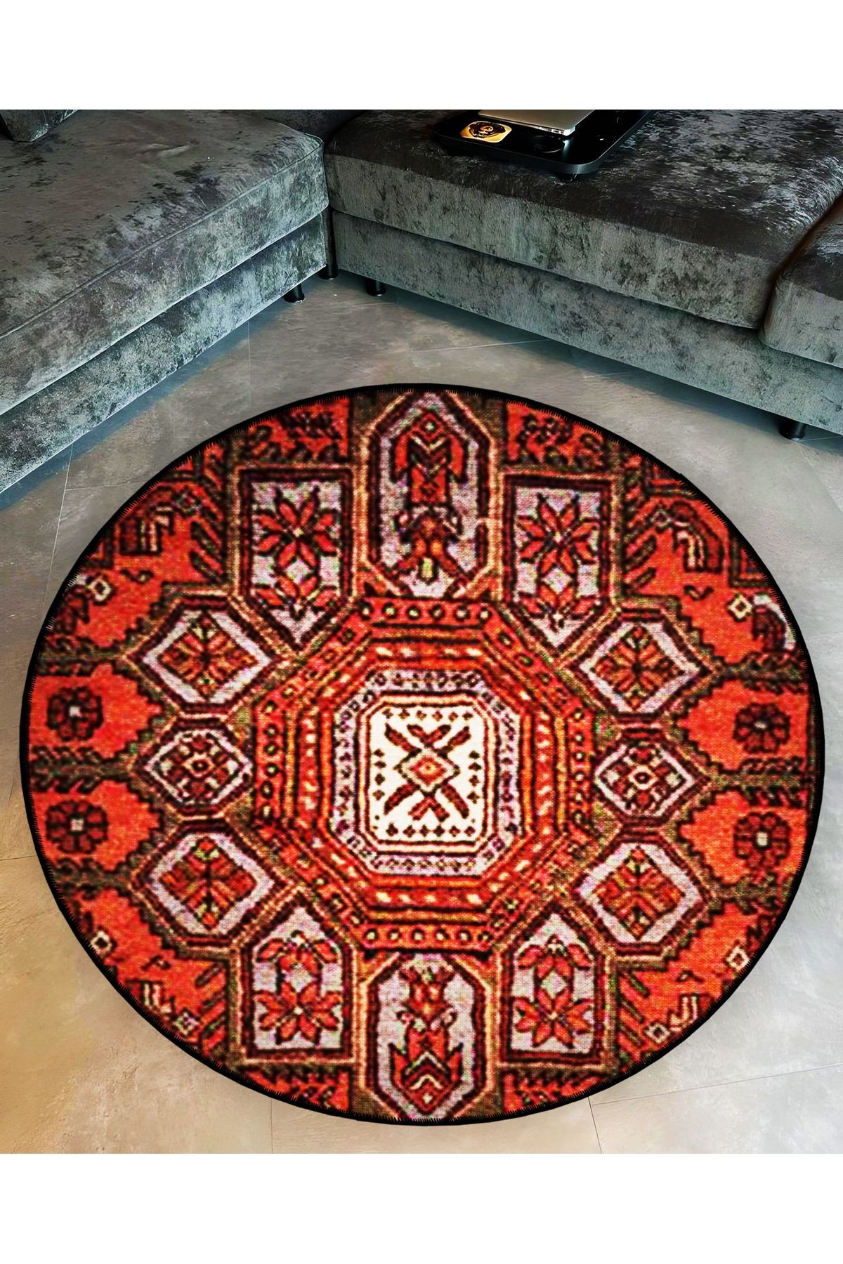 Turuncu Tema Geleneksel Motif Desenli Yuvarlak Dokuma Taban Vintage Dekoratif Halı 6227