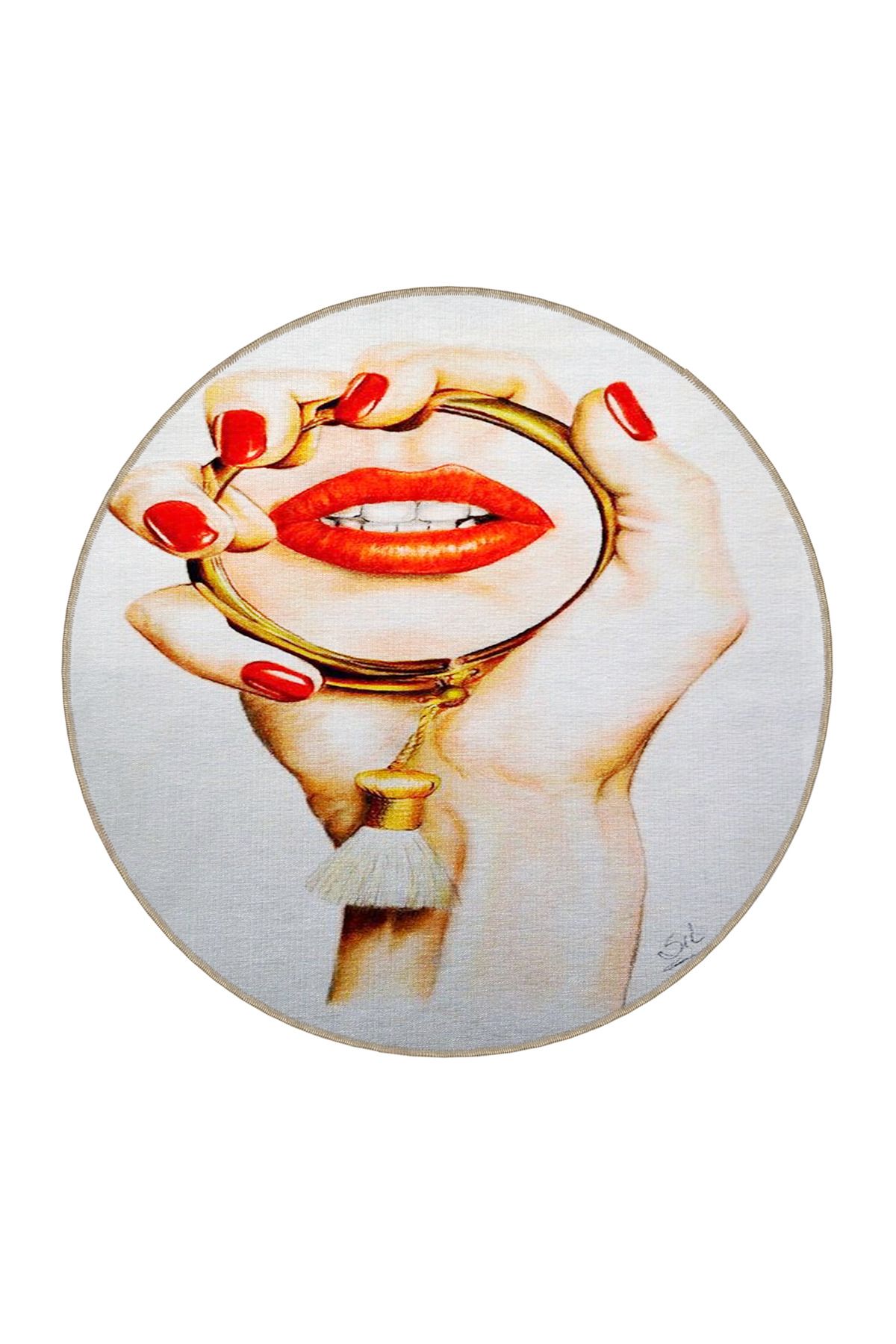 Bej Kırmızı Temalı El ve Dudak Desenli Kreatif Modern Dekoratif Halı 3650