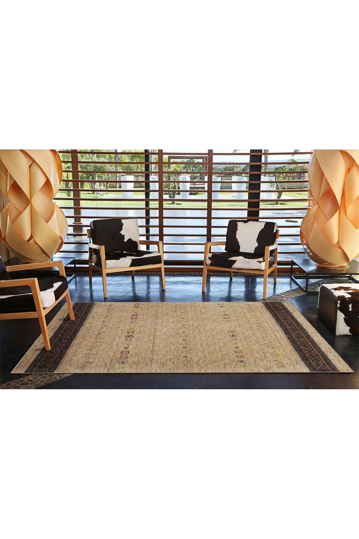 Hasır Renklerde Etnik Desenli Dekoratif Halı miravip876