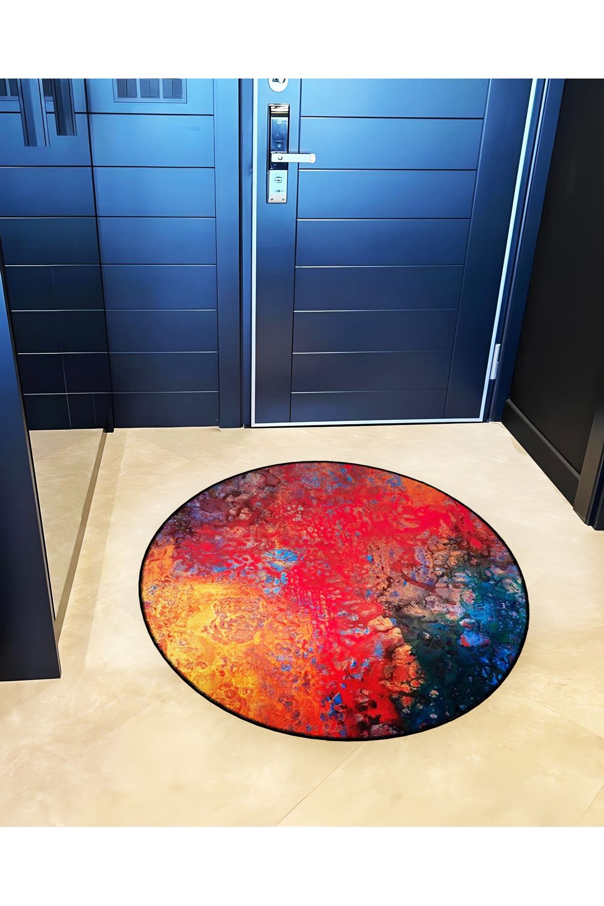 Kırmızı Temalı Soyut Desenli Yuvarlak Dokuma Taban Modern Dekoratif Halı 6153