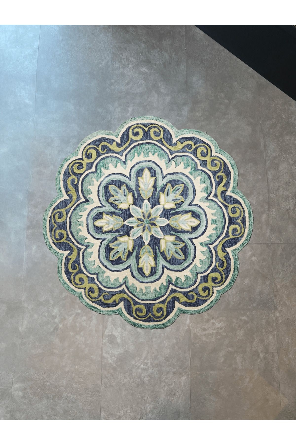 Mavi Ton Geleneksel Motif Çiçek Desenli Dokuma Taban Yuvarlak Dekoratif Halı 2095