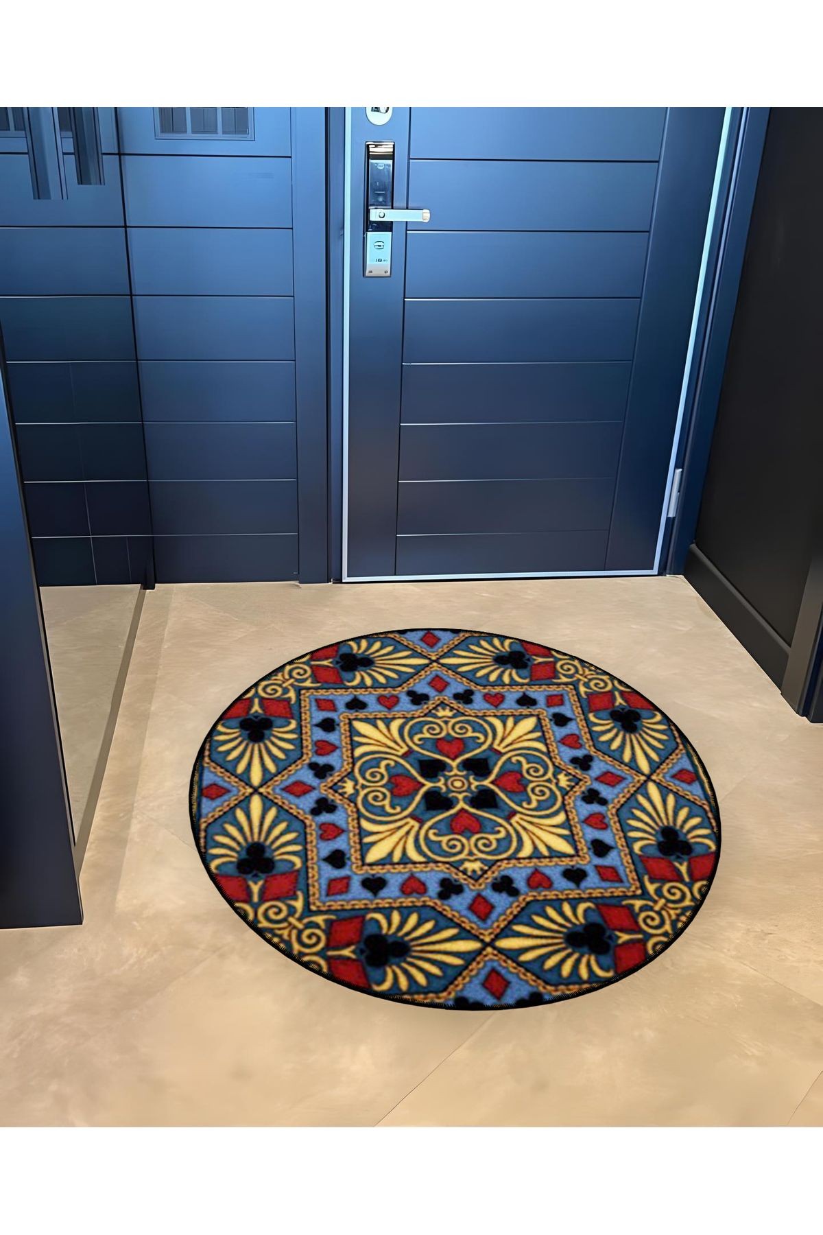 Mira Yuvarlak Lacivert Kırmızı Antik Sarı Desen Detaylı Dokuma Taban Modern Dekoratif Halı 5621