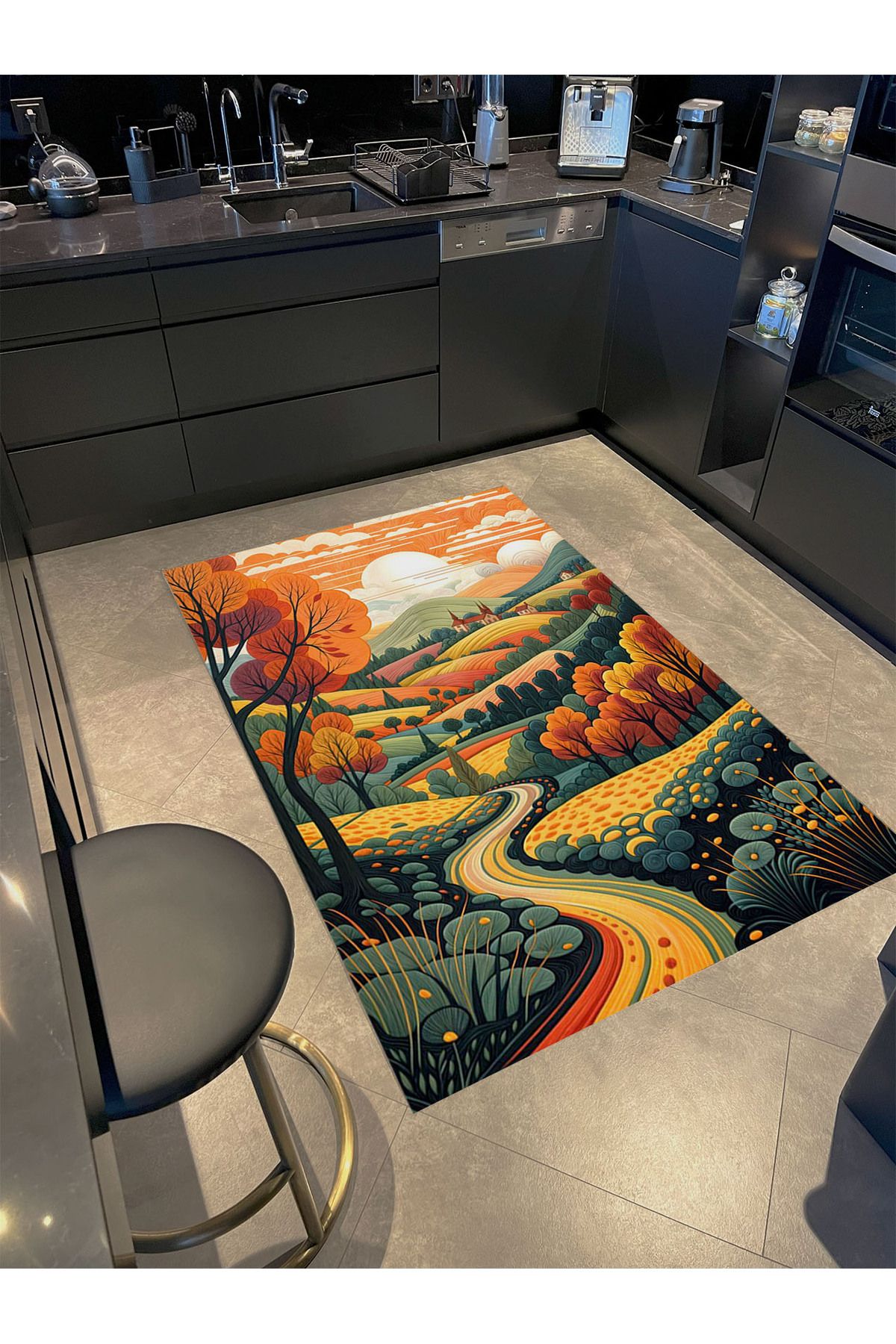 Kubilay Koleksiyonu Çok Renkli Dağ Yolu Ağaç ve Çiçekler Desen Dokuma Taban Modern Dekoratif Halı 10