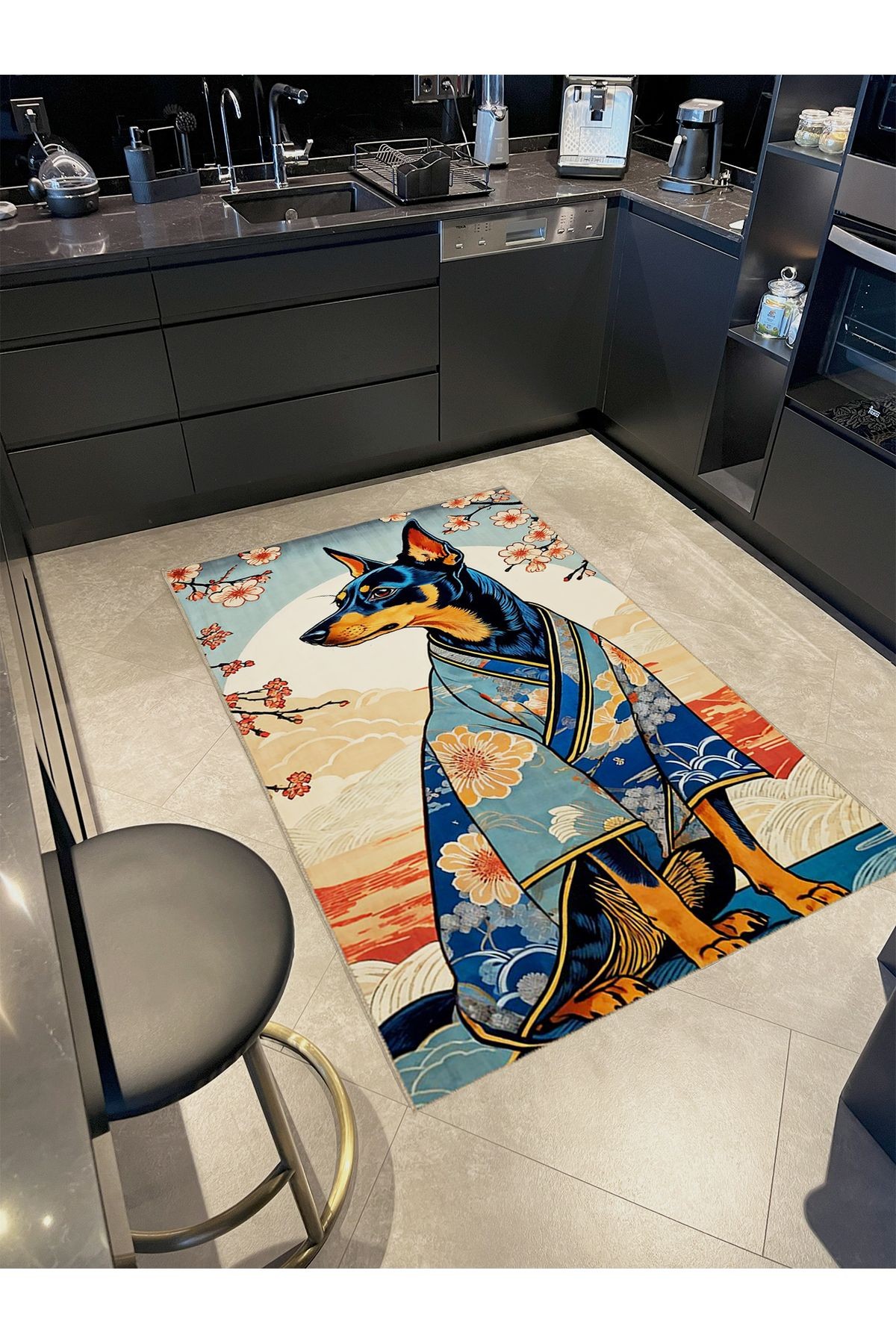 Tuğrul Koleksiyonu Bulutlarda Kimono Giyen Köpek Desenli Dokuma Taban Soyut Modern Dekoratif Halı 40