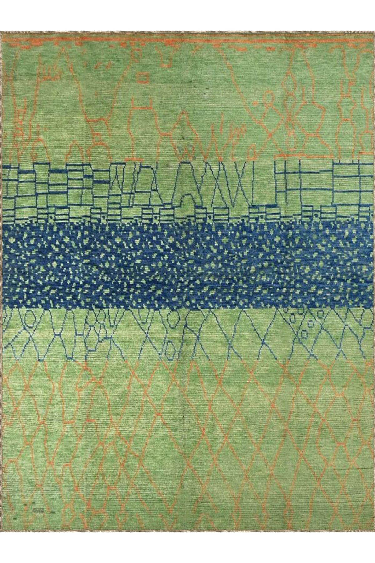Emre Koleksiyonu Yeşil Mavi Temalı Geometrik Detay Desenli Dokuma Taban Modern Dekoratif Halı 09