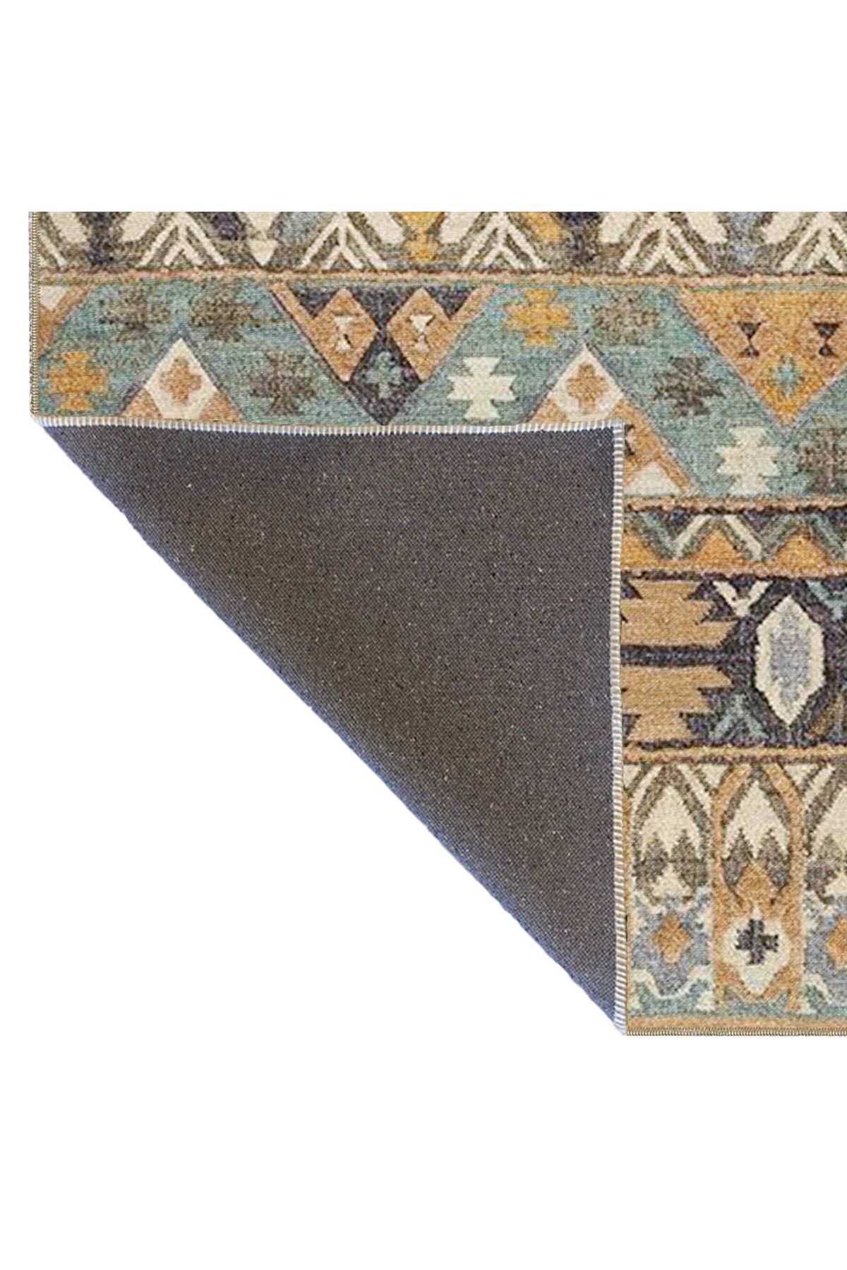 Mavi Bej Temalı Motifli Etnik Desenli Vintage Dekoratif Halı 3896