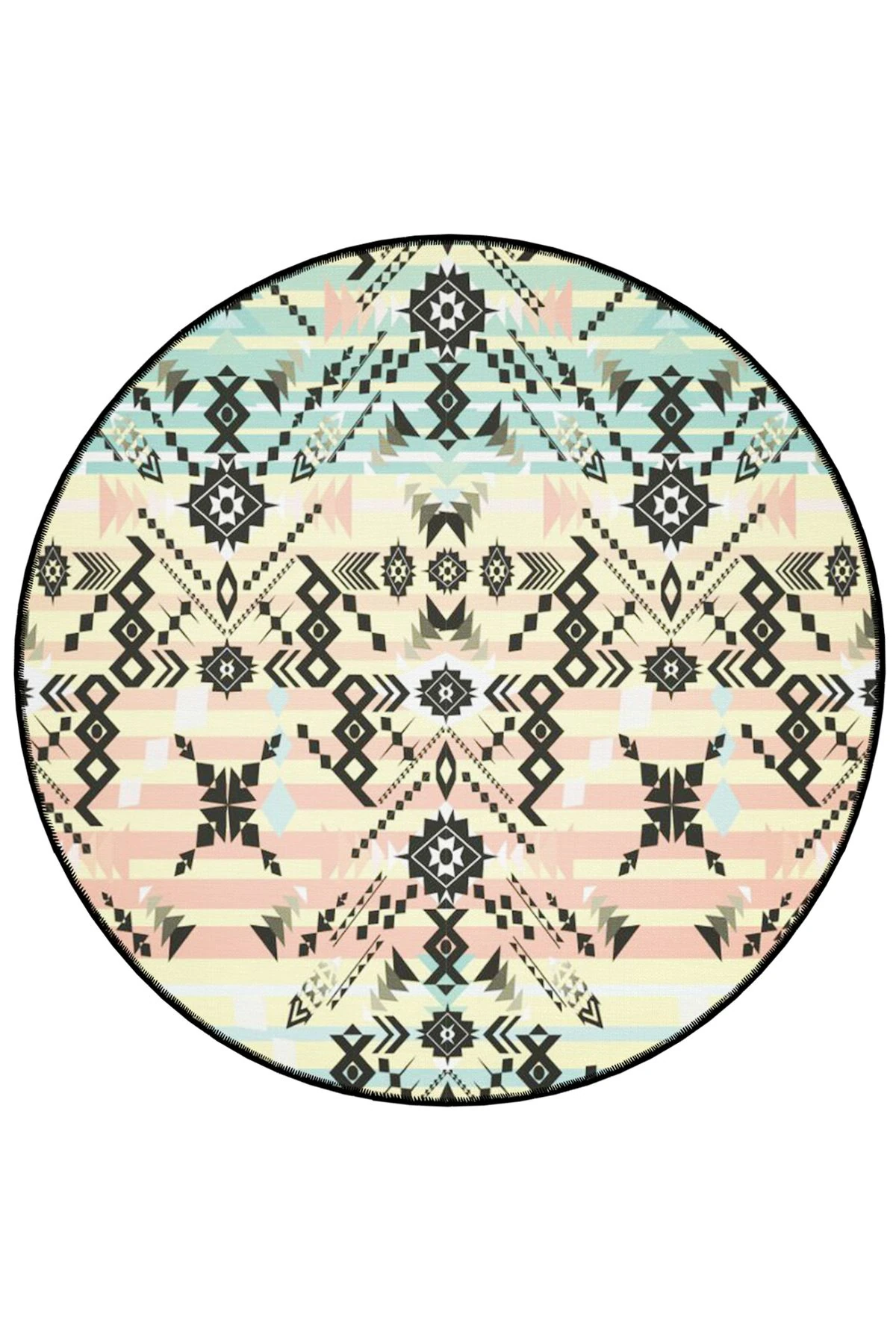 Mira Yuvarlak Çok Renkli Siyah Etnik Desen Detaylı Dokuma Taban Modern Dekoratif Halı 5603