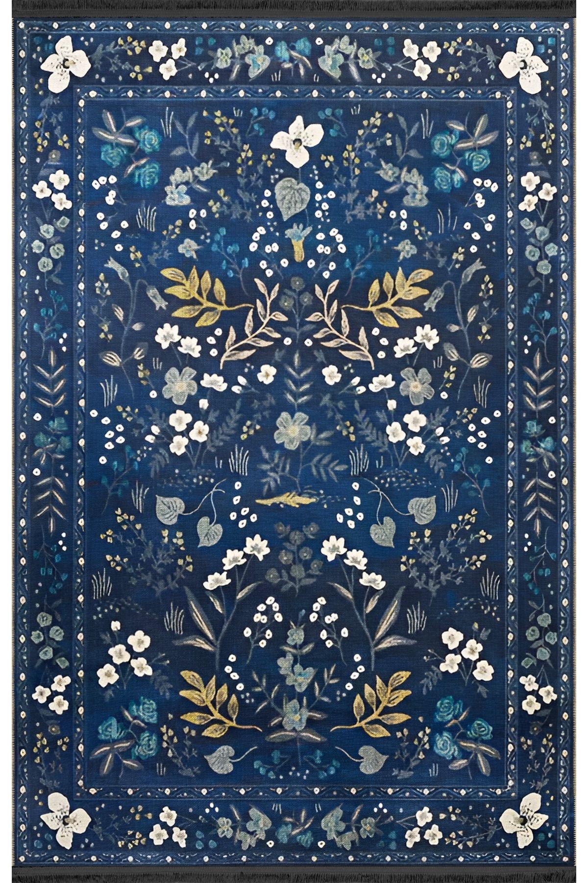 Lacivert Temalı Geleneksel Motif Çiçek Desenli Vintage Dekoratif Halı 1932