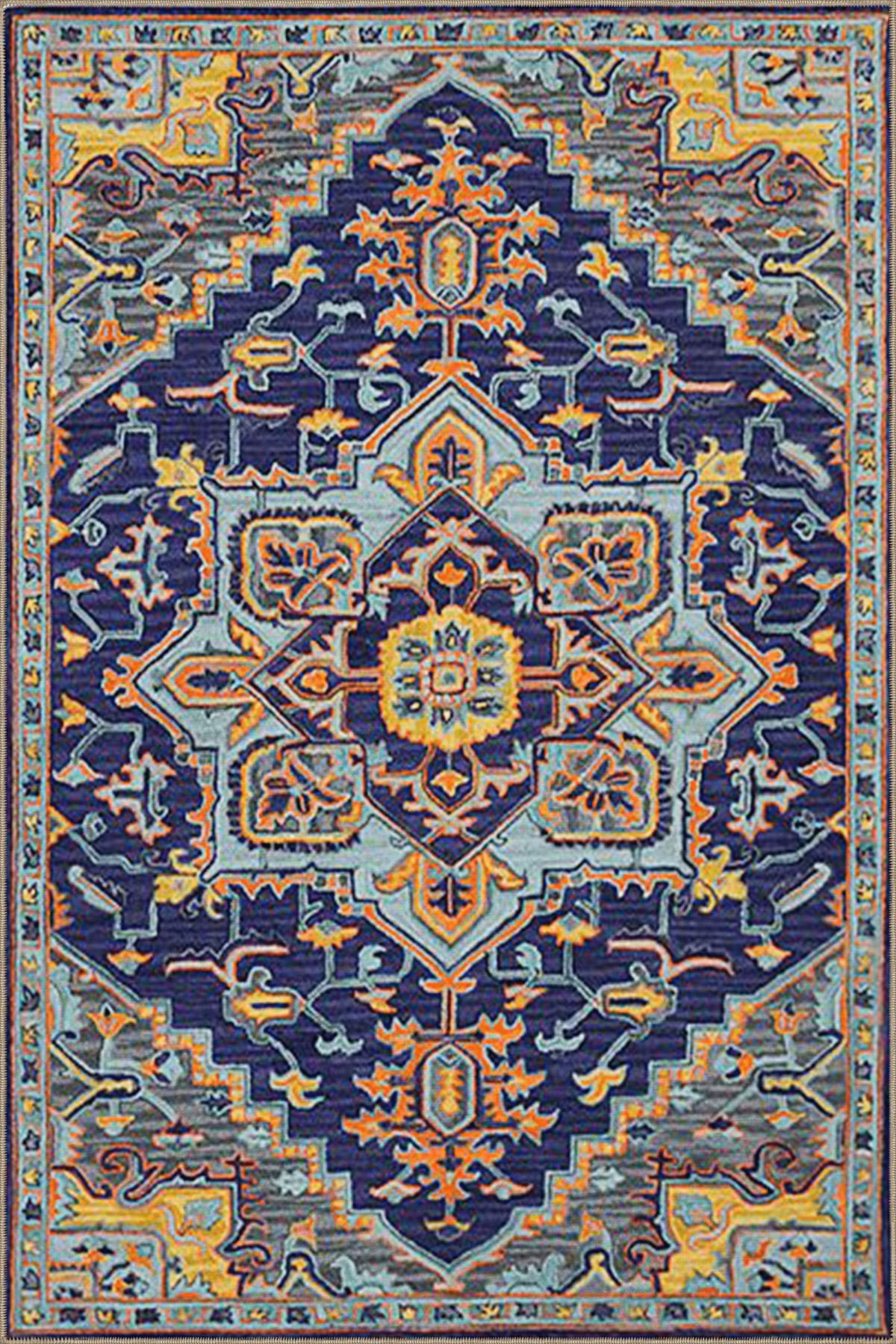 Lacivert Temalı Çok Renkli Geleneksel Motif Desenli Vintage Dekoratif Halı 3645