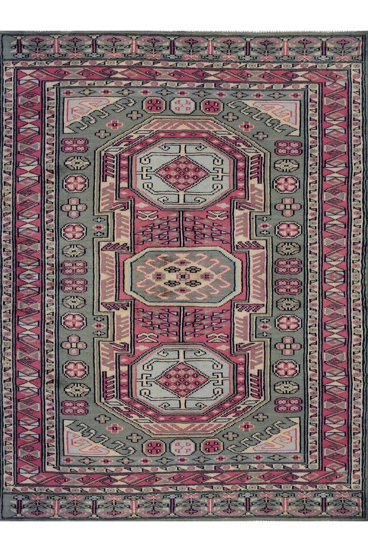 Asena Koleksiyonu Yeşil ve Pembe Temalı Geleneksel Motif Desenli Vintage Dekoratif Halı 02