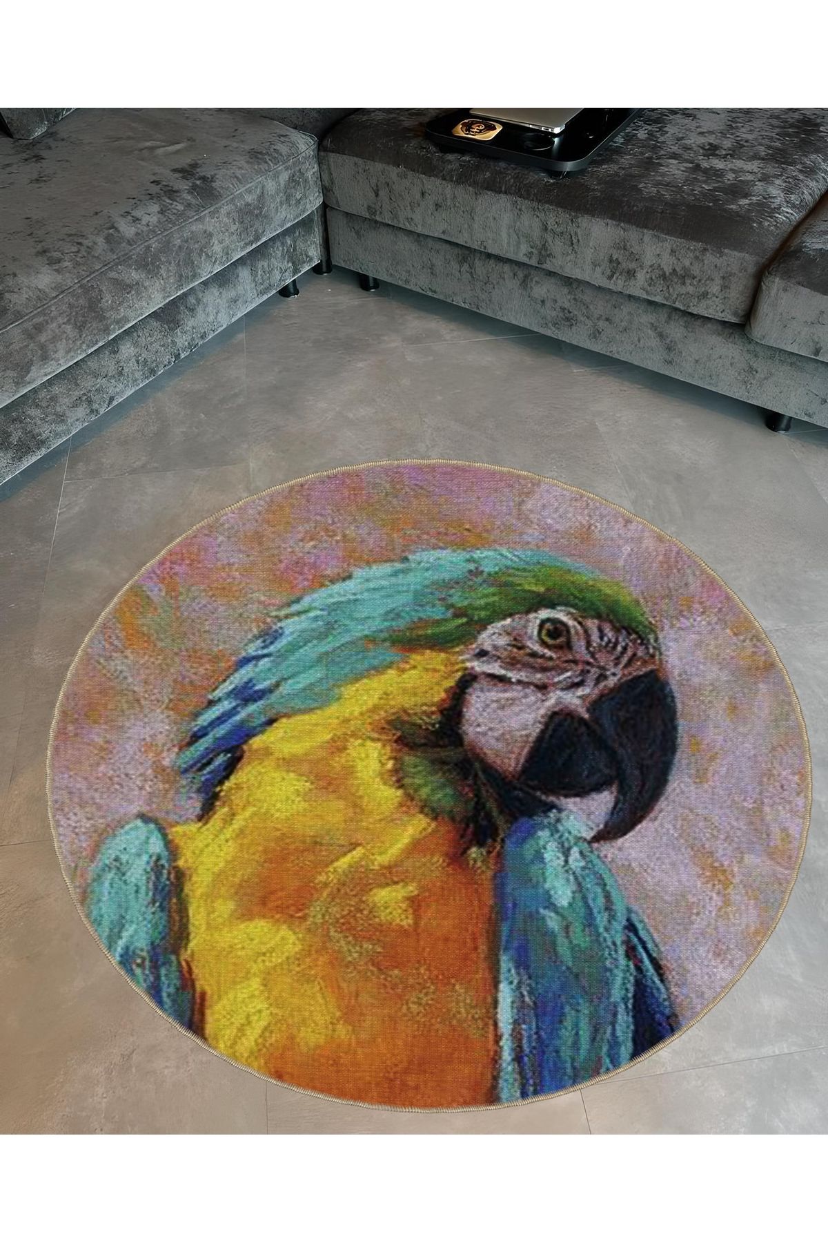 Animal Koleksiyonu Yuvarlak Sarı Mavi Papağan Desenli Dokuma Taban Yıkanabilir Halı animal15