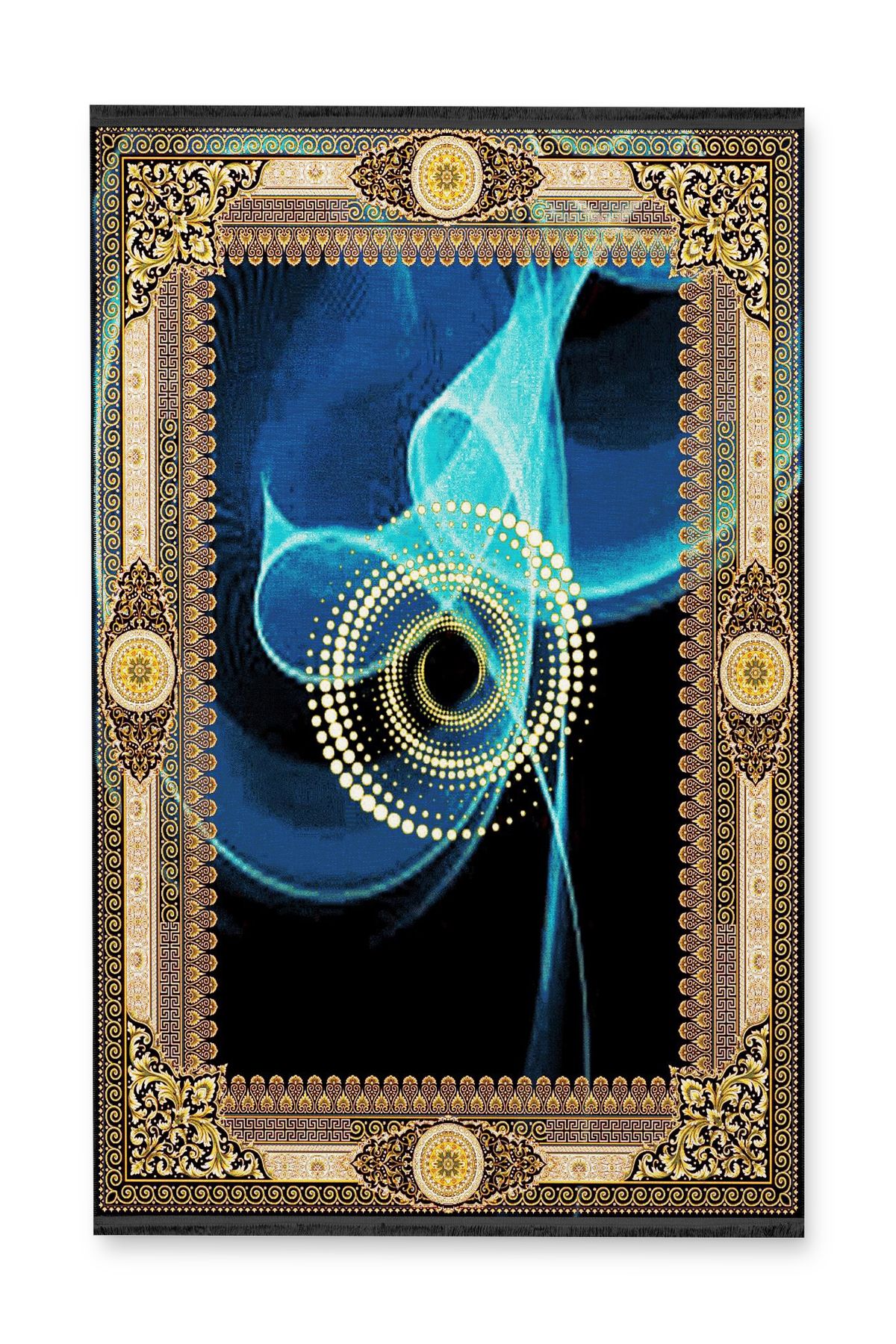 Sarı Bordür Detaylı Desenli Lacivert Mavi Şekilli Antik Tasarım Serisi Dekoratif Halı antik163