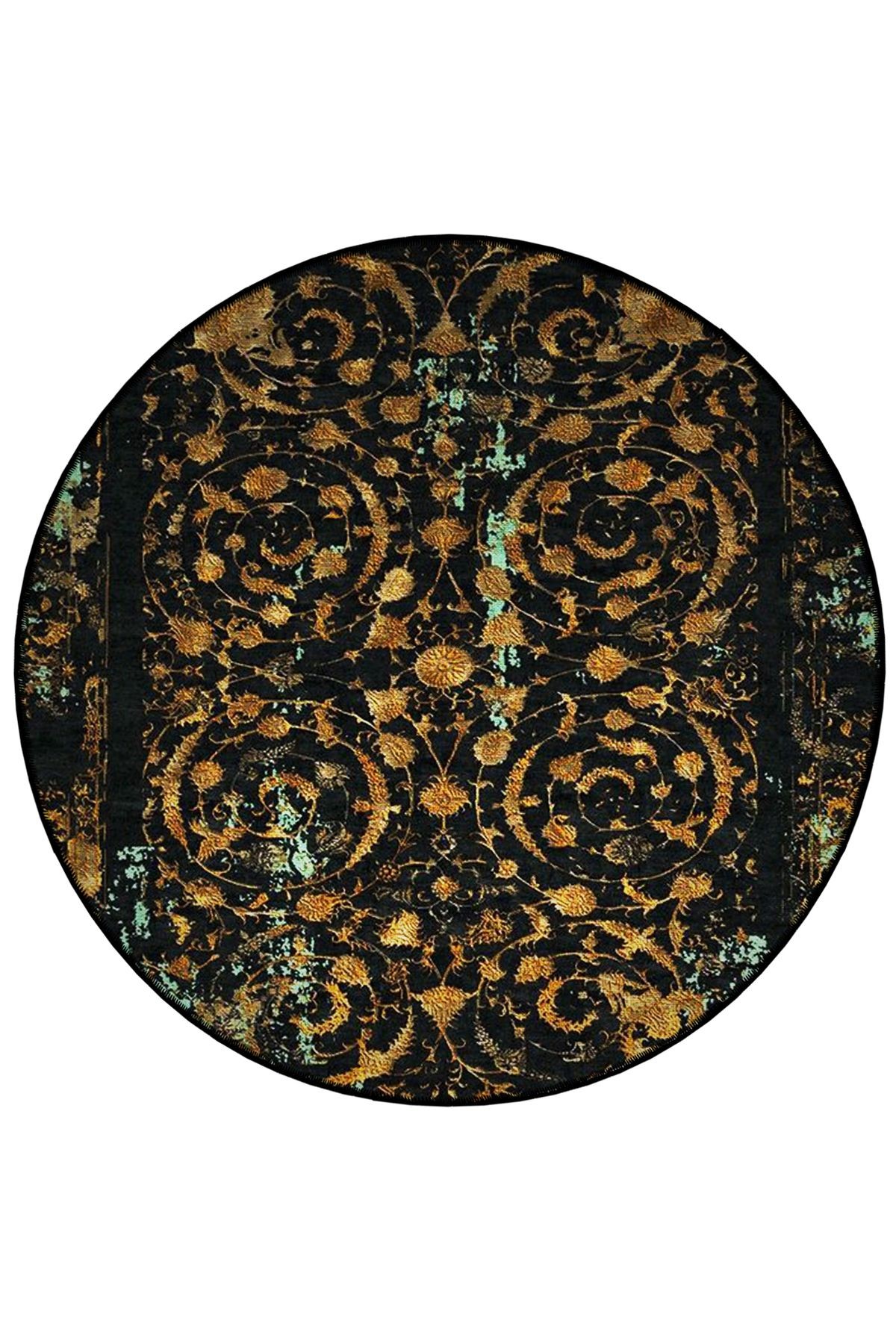 Siyah Tema Etnik Motifli Geleneksel Desenli Yuvarlak Dokuma Taban Vintage Dekoratif Halı 6164