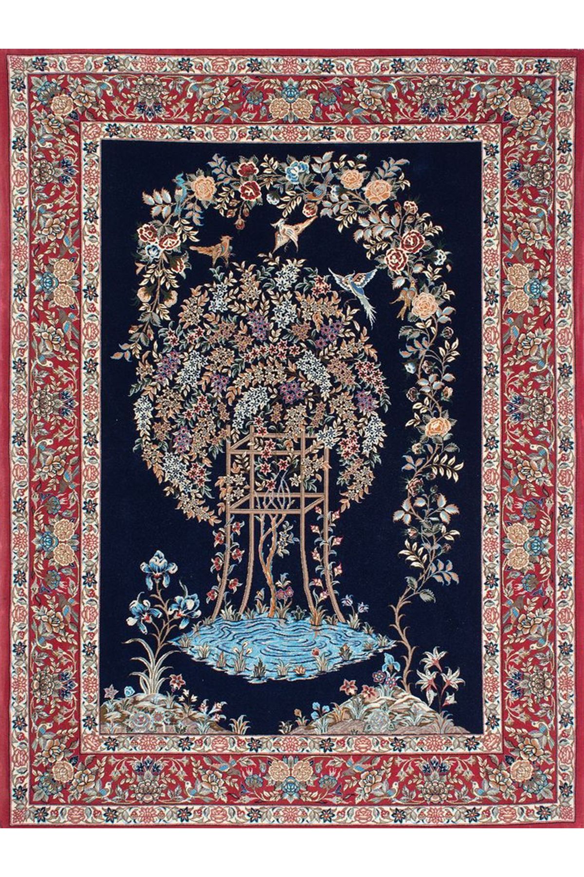 Aysu Koleksiyonu Çiçekli Kırmızı Bordür Detaylı Siyah Desenli Dokuma Taban Dekoratif Halı aysu07