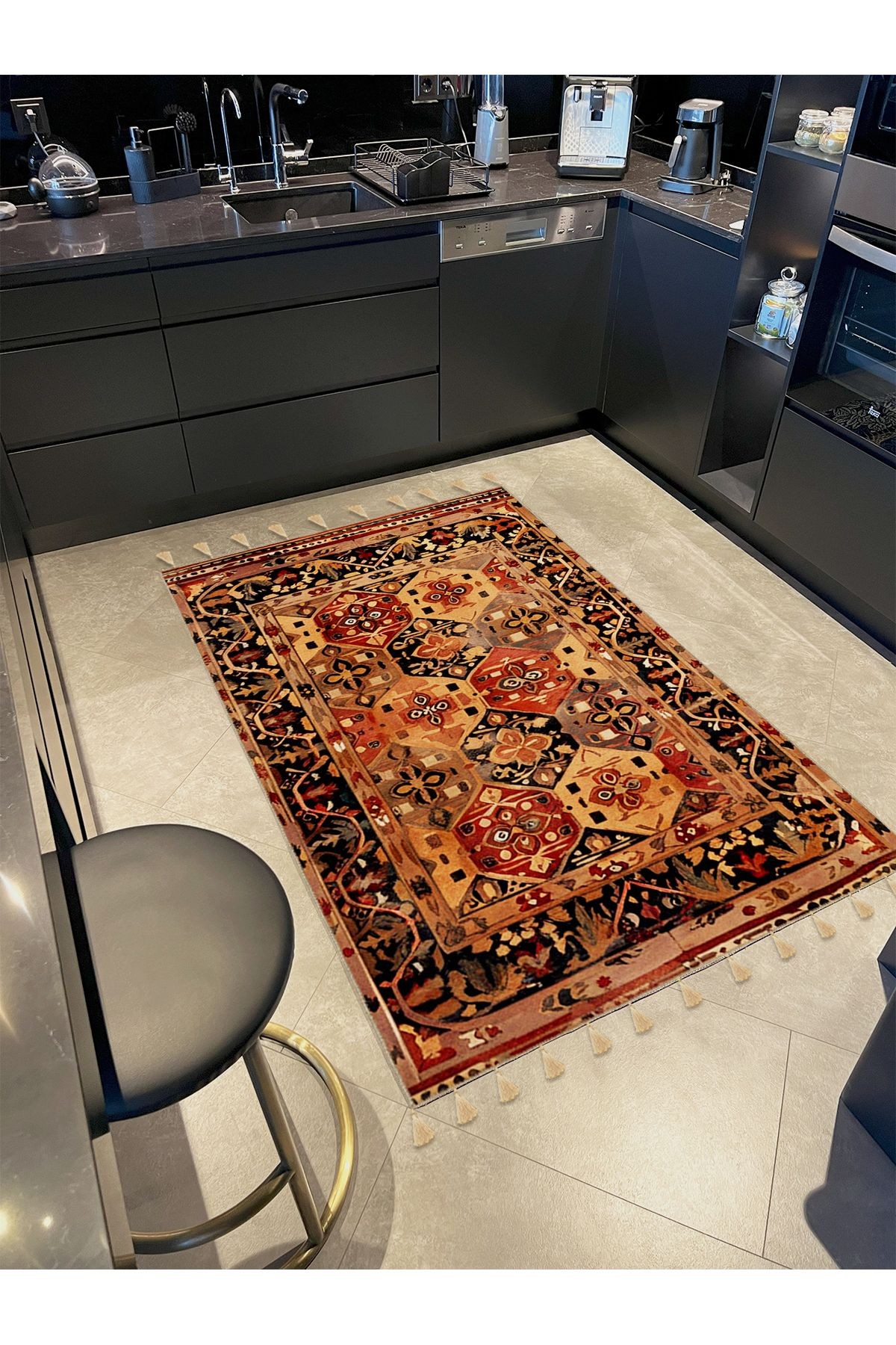Royal Soyut Geometrik Motifler Desenli Püskül Detaylı Dokuma Taban Dekoratif Halı royal43