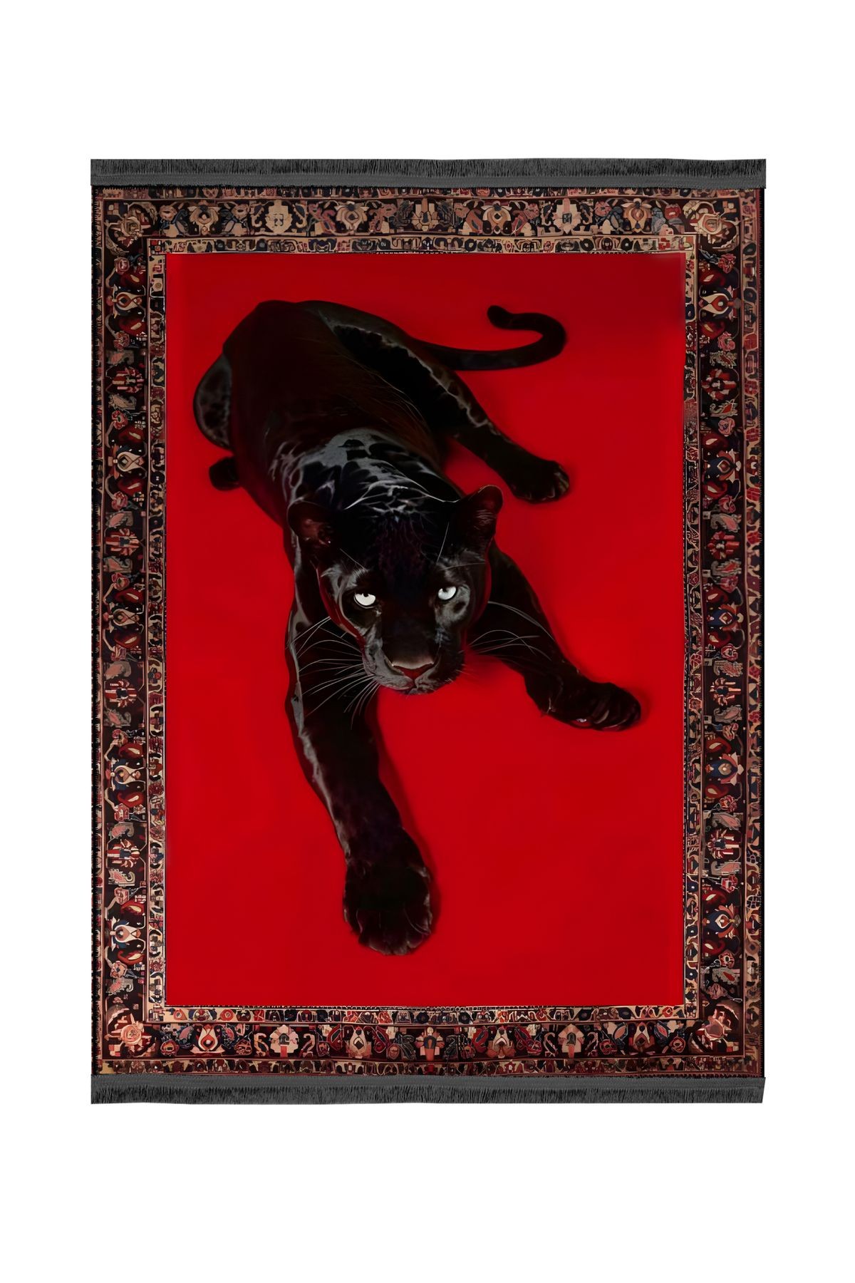 Nilla Koleksiyonu Kırmızı Temalı Asil Siyah Panter Desenli Dokuma Taban Modern Dekoratif Halı 03