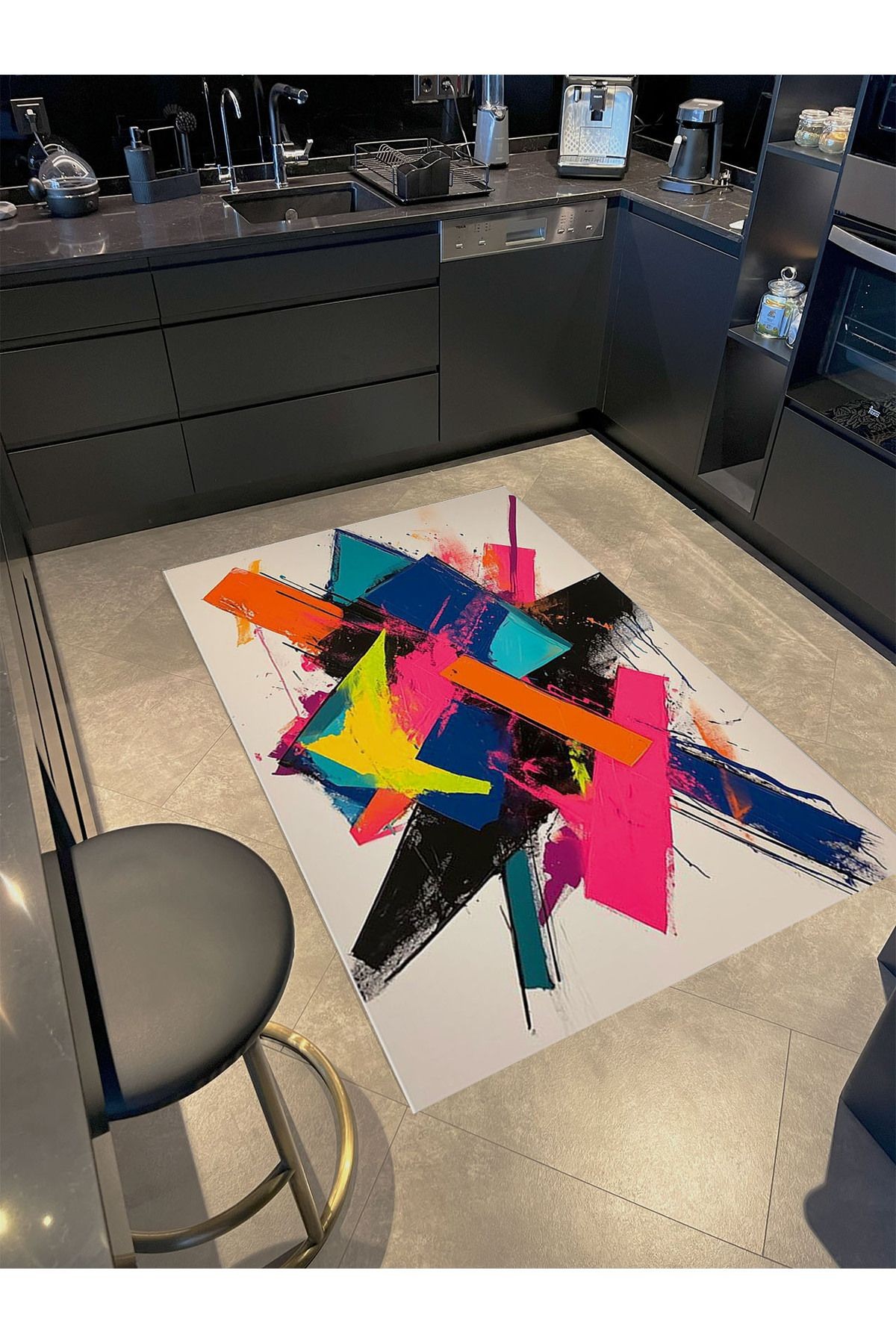 Kemal Koleksiyonu Çok Renkli Soyut Grafiti Desenli Dokuma Taban Modern Dekoratif Halı 36