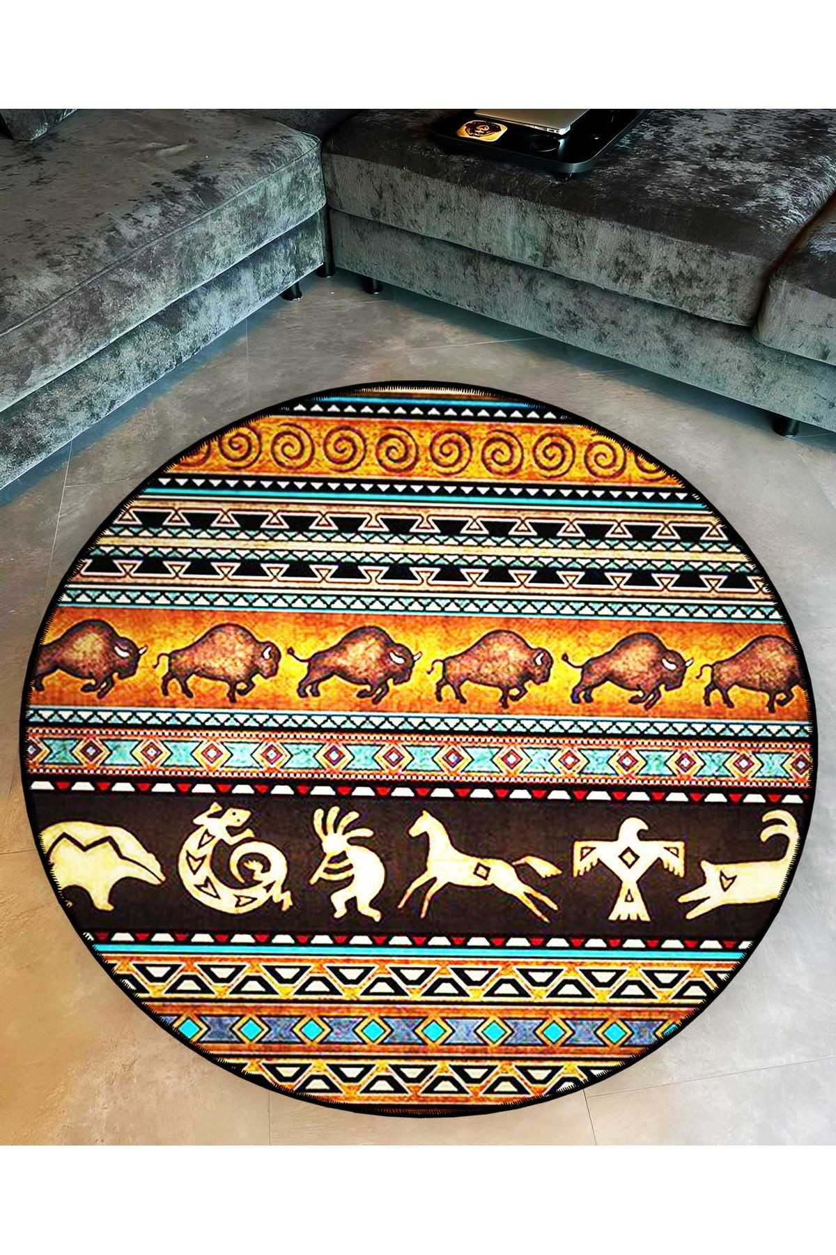 Mira Yuvarlak Turuncu Soyut Tribal Etnik Tarzı Desen Dokuma Taban Modern Dekoratif Halı 5790