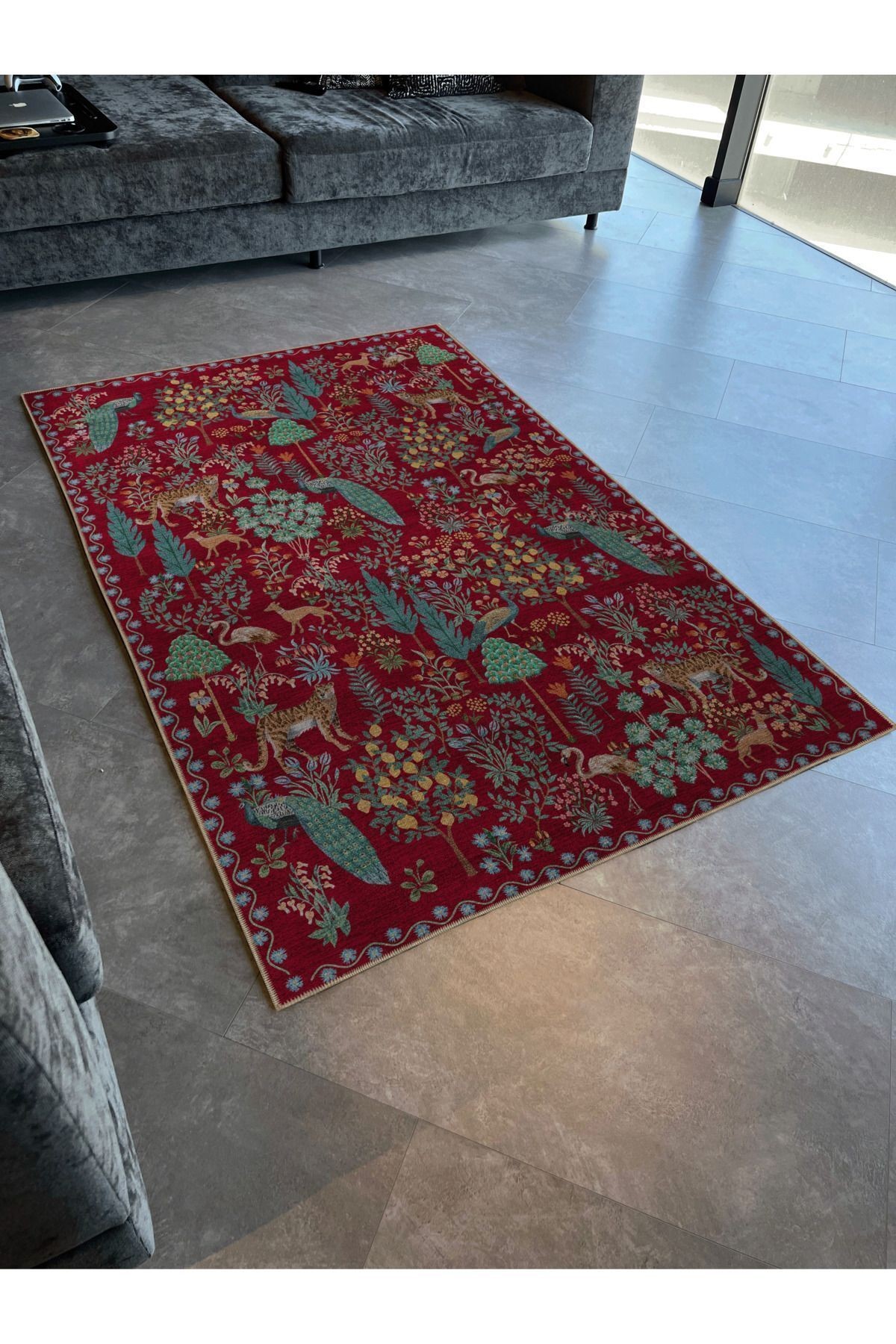 Floral Mira Kırmızı Çam Ağacı Botanik Tema Dokuma Taban Halı Mira 1316