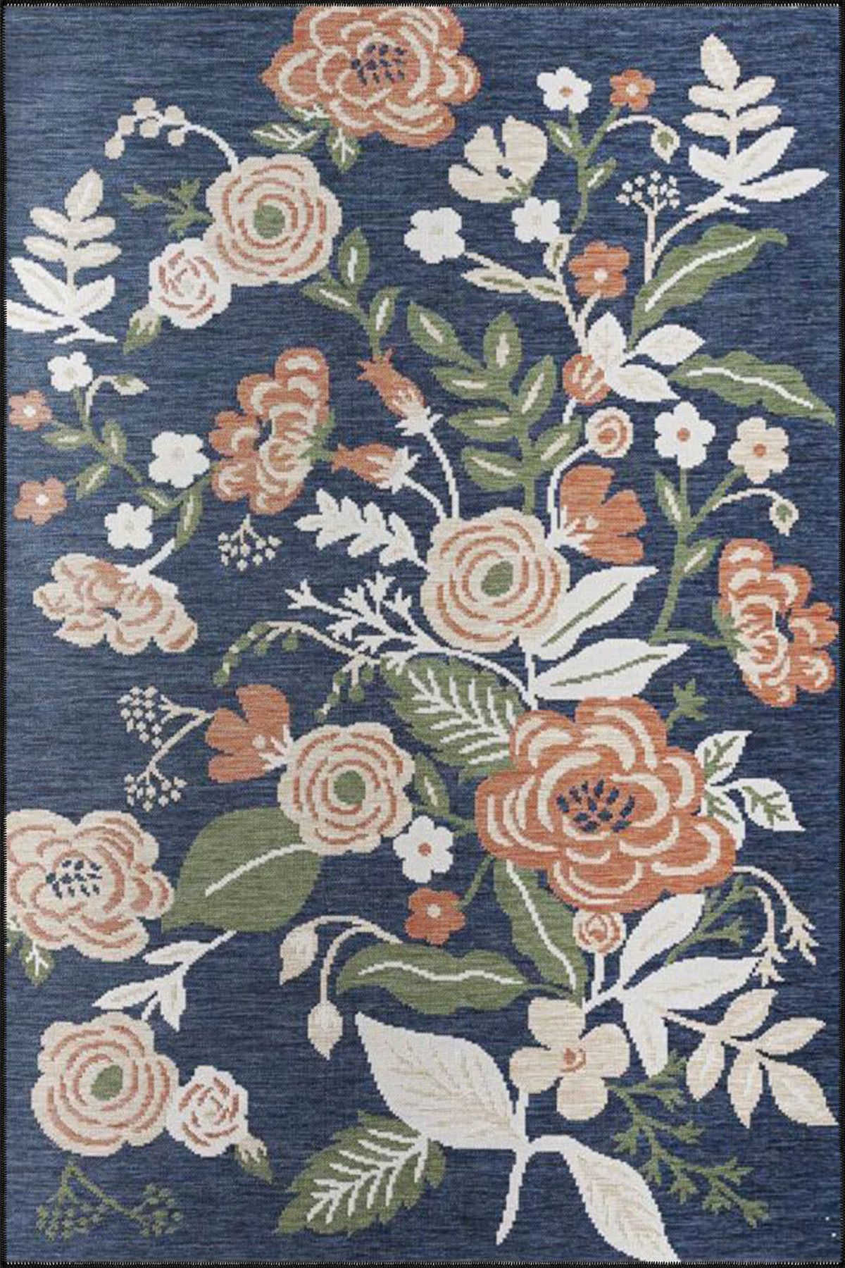 Siyah Çiçekli Karabağ Geleneksel Hasır ve Kahverengi Desenli Dekoratif Yıkanabilir Halı miravip8421