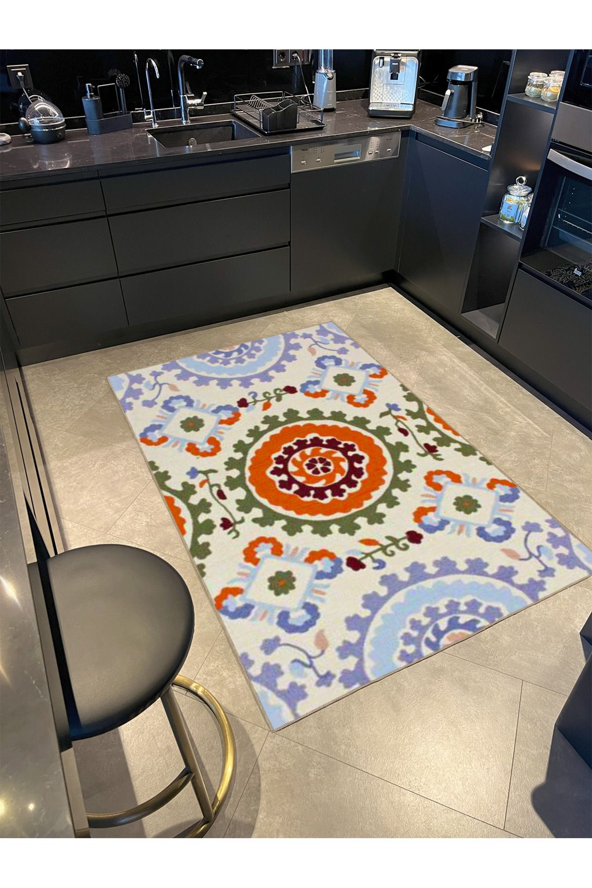 Krem Desenli Renkli Çiçekli Temalı Dokuma Taban Halı ve Yıkanabilir Halı miravip9849